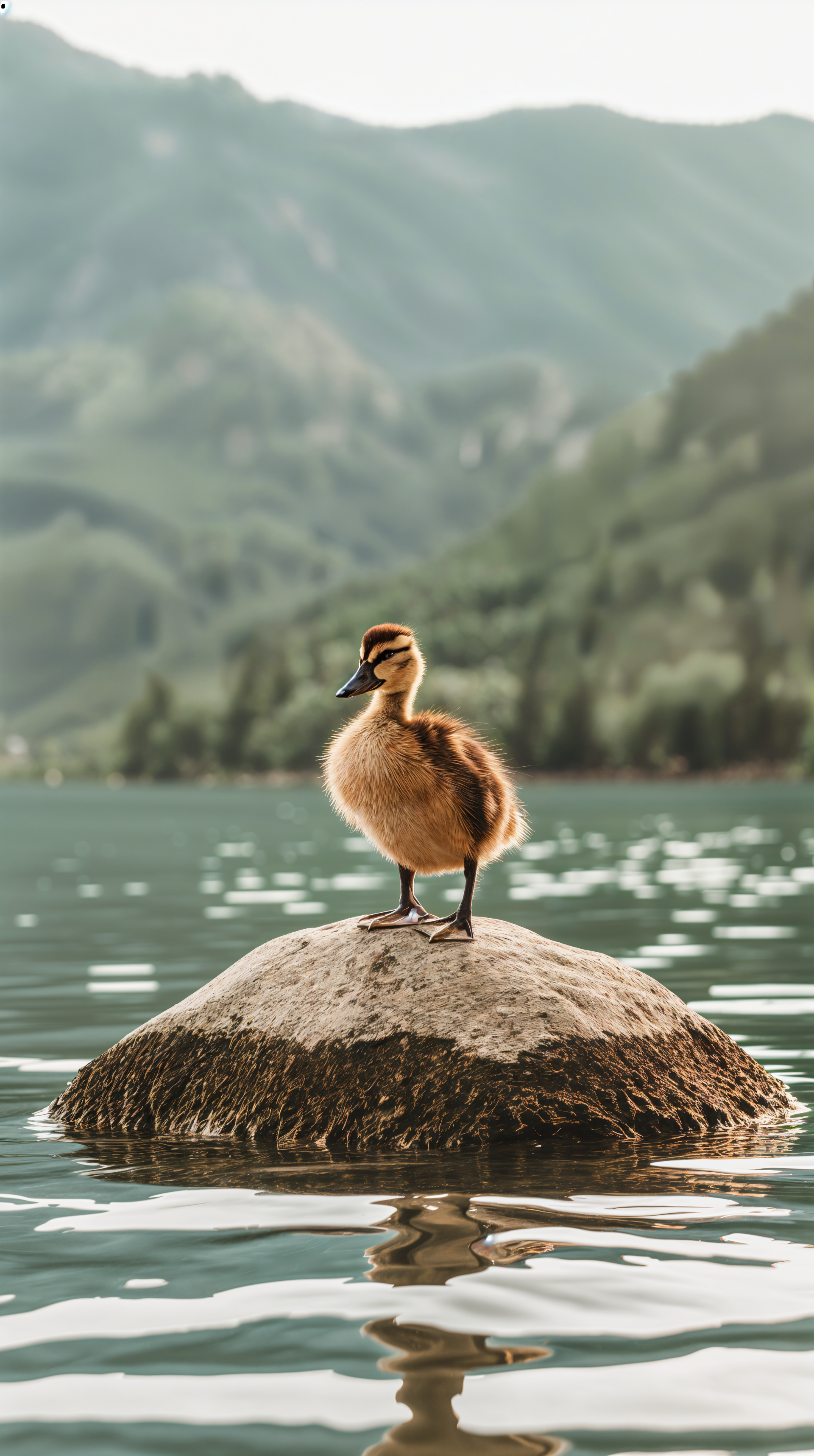A charming duckling stands on a smooth rock in a serene body of water, surrounded by lush hills, making a delightful phone wallpaper.