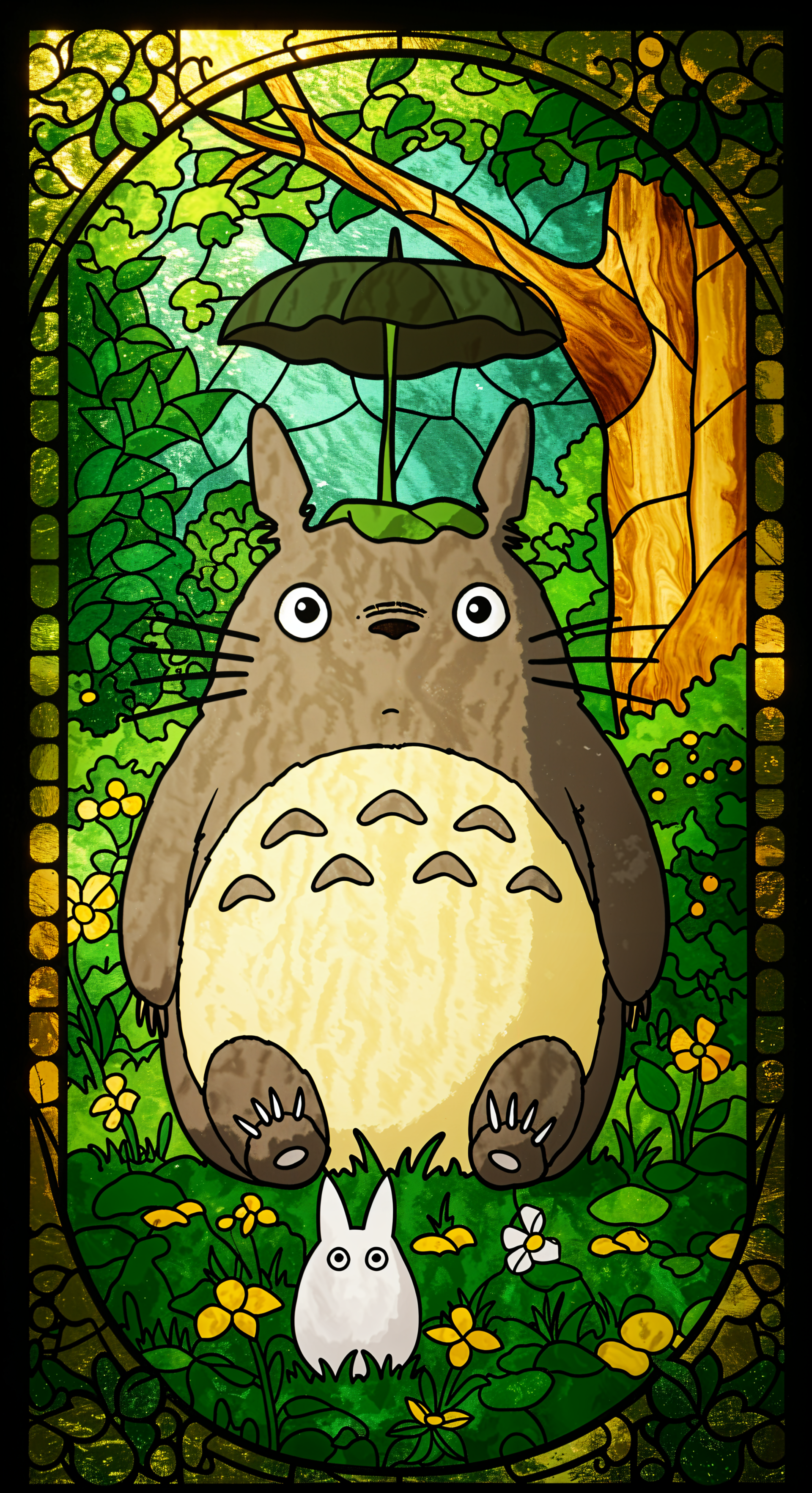 A vibrant phone wallpaper featuring Totoro sitting beneath an umbrella, surrounded by lush greenery and colorful flowers, capturing the enchanting spirit of My Neighbor Totoro.