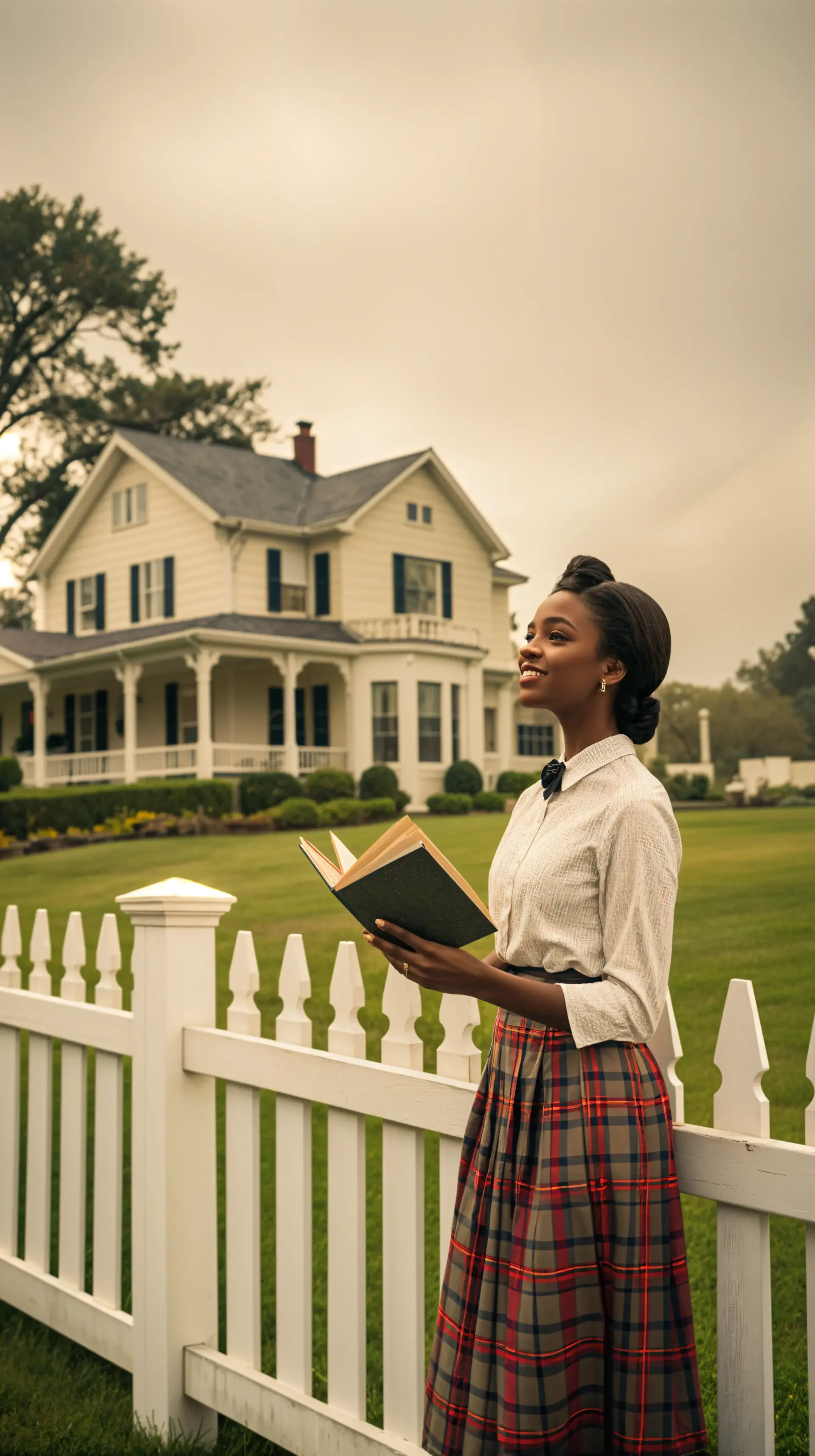 A woman in a stylish plaid skirt and blouse stands by a white picket fence, holding a book, with a charming house and a cloudy sky in the background—an elegant preppy phone wallpaper.