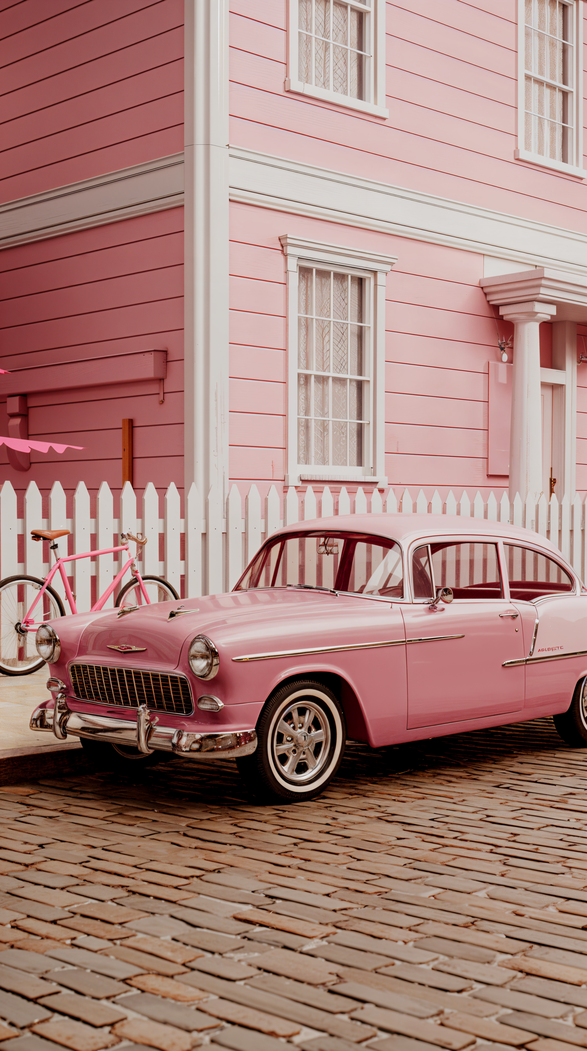 A charming pink aesthetic phone wallpaper featuring a vintage pink car parked in front of a pastel pink house, surrounded by a white picket fence and a bicycle.