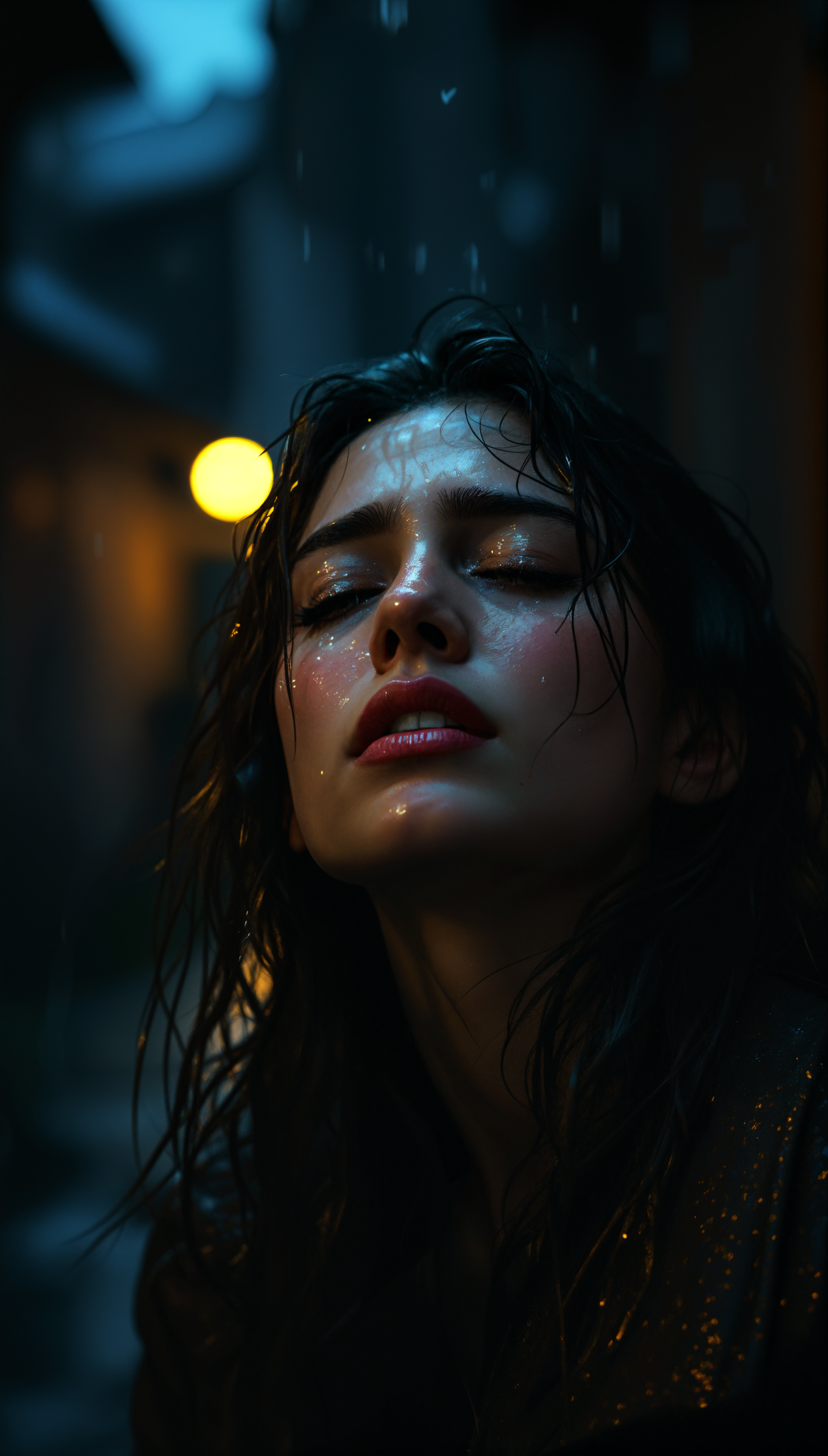 Portrait of a woman crying in the rain at night, captured in a moody, dark setting, designed as a phone wallpaper compatible with iPhones and Android devices.