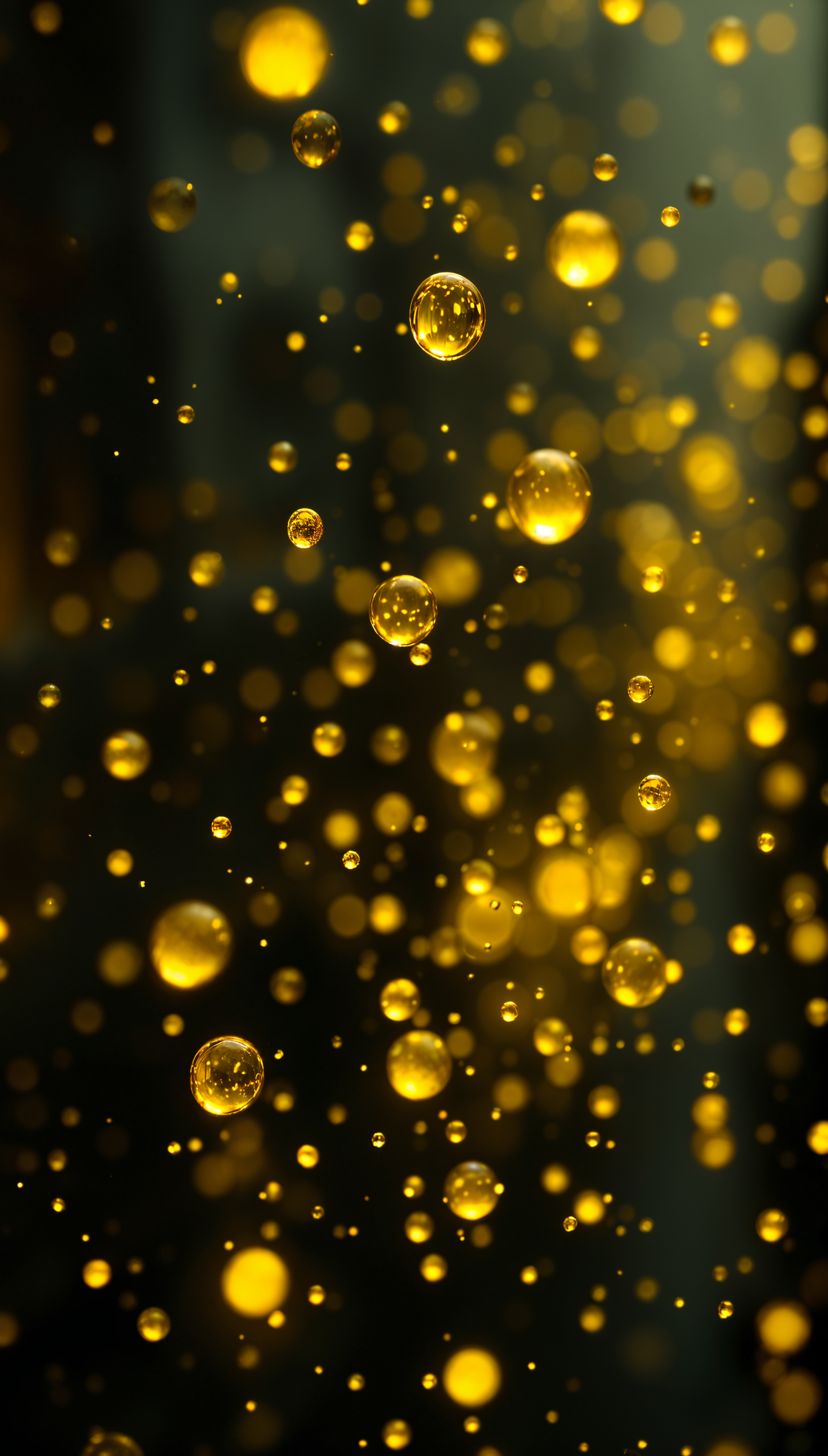 Close-up of shimmering golden raindrops, creating a dynamic, captivating pattern. This vibrant image makes an engaging phone wallpaper.