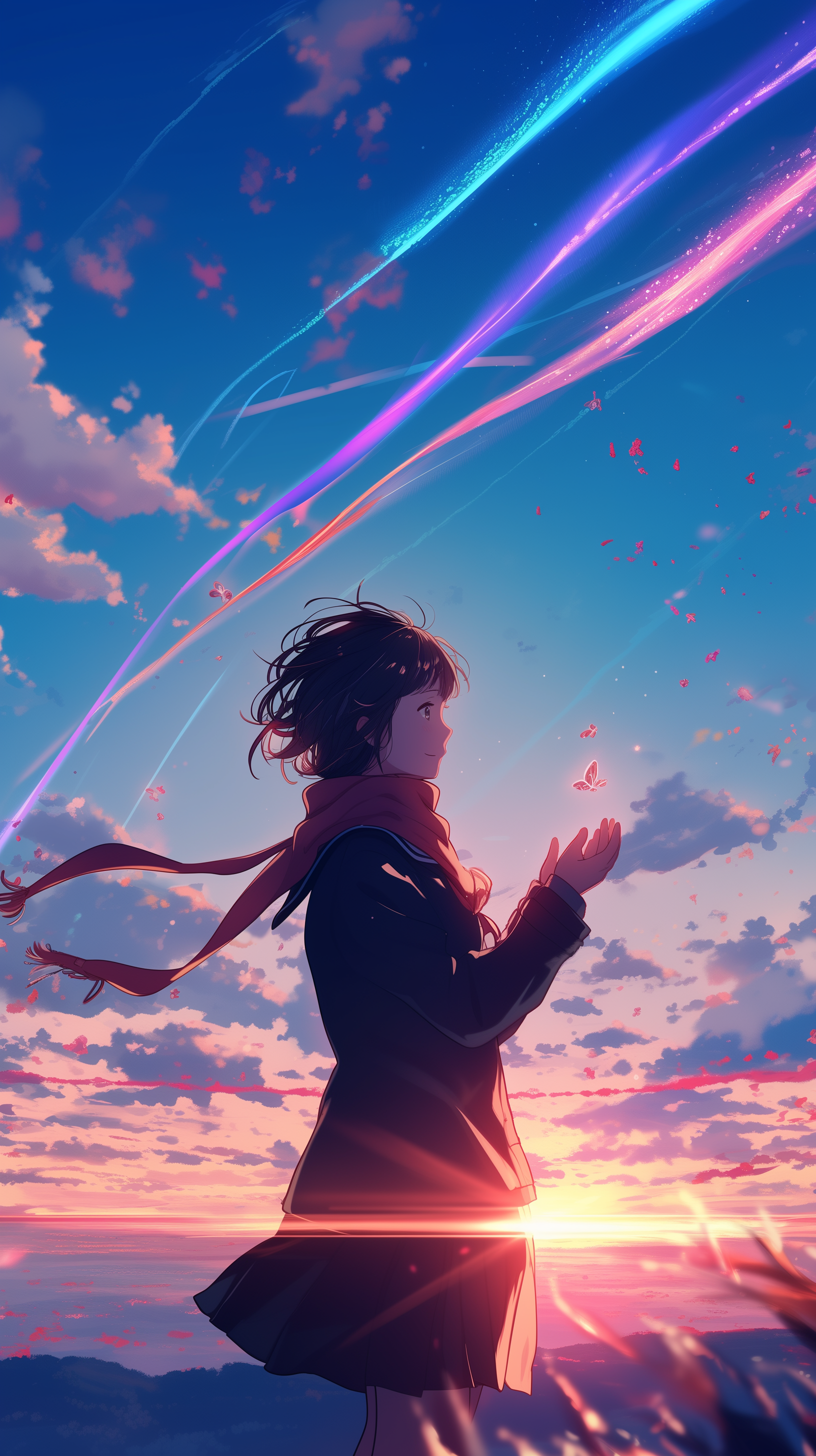 A stunning phone wallpaper featuring Mitsuha Miyamizu from the anime Your Name., showcasing her in a serene moment against a vibrant sunset and colorful trails in the sky.