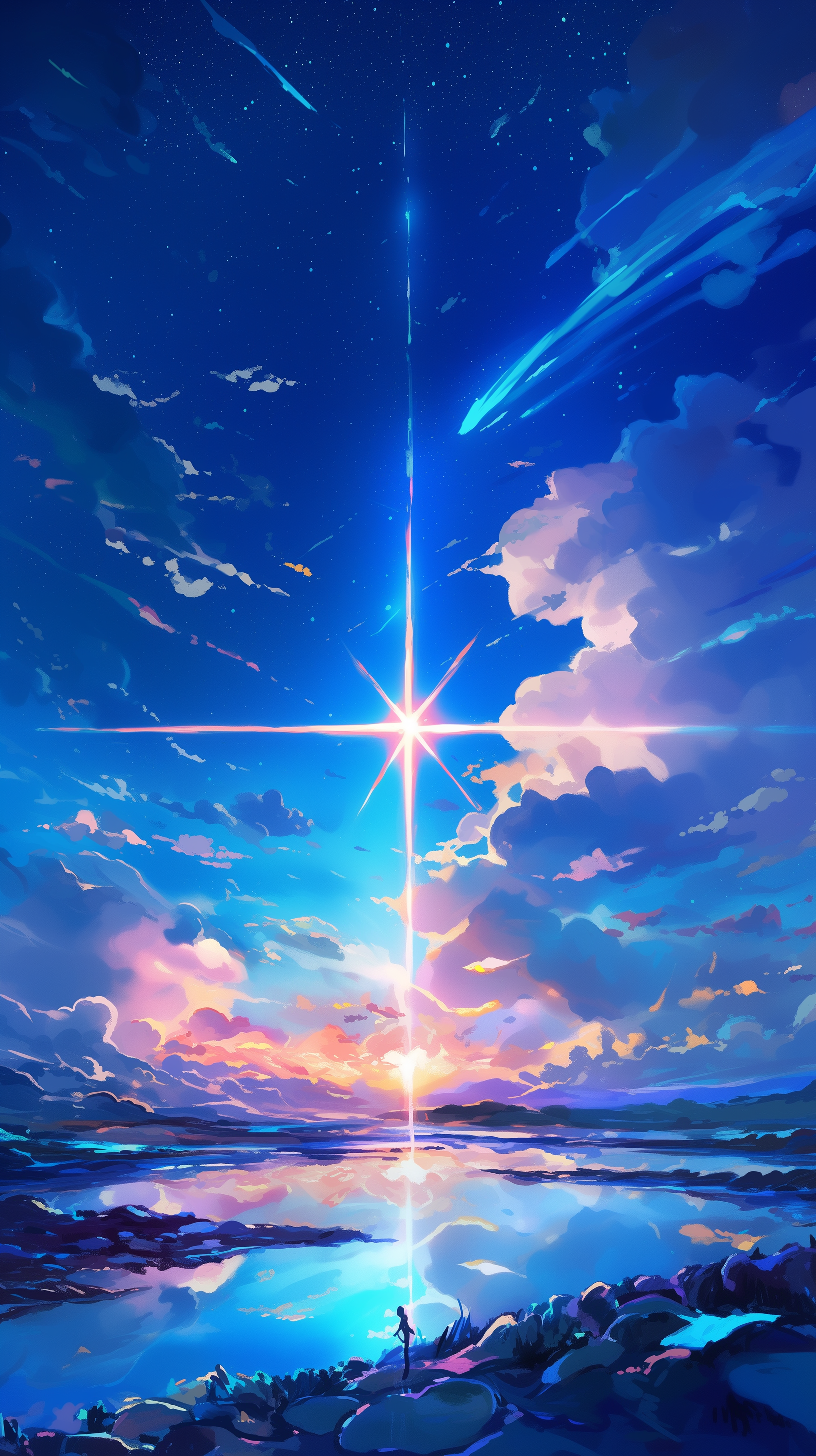 Anime-style phone wallpaper featuring a vibrant sky from Your Name., with glowing stars, meteors, and reflective water in a colorful, serene landscape.