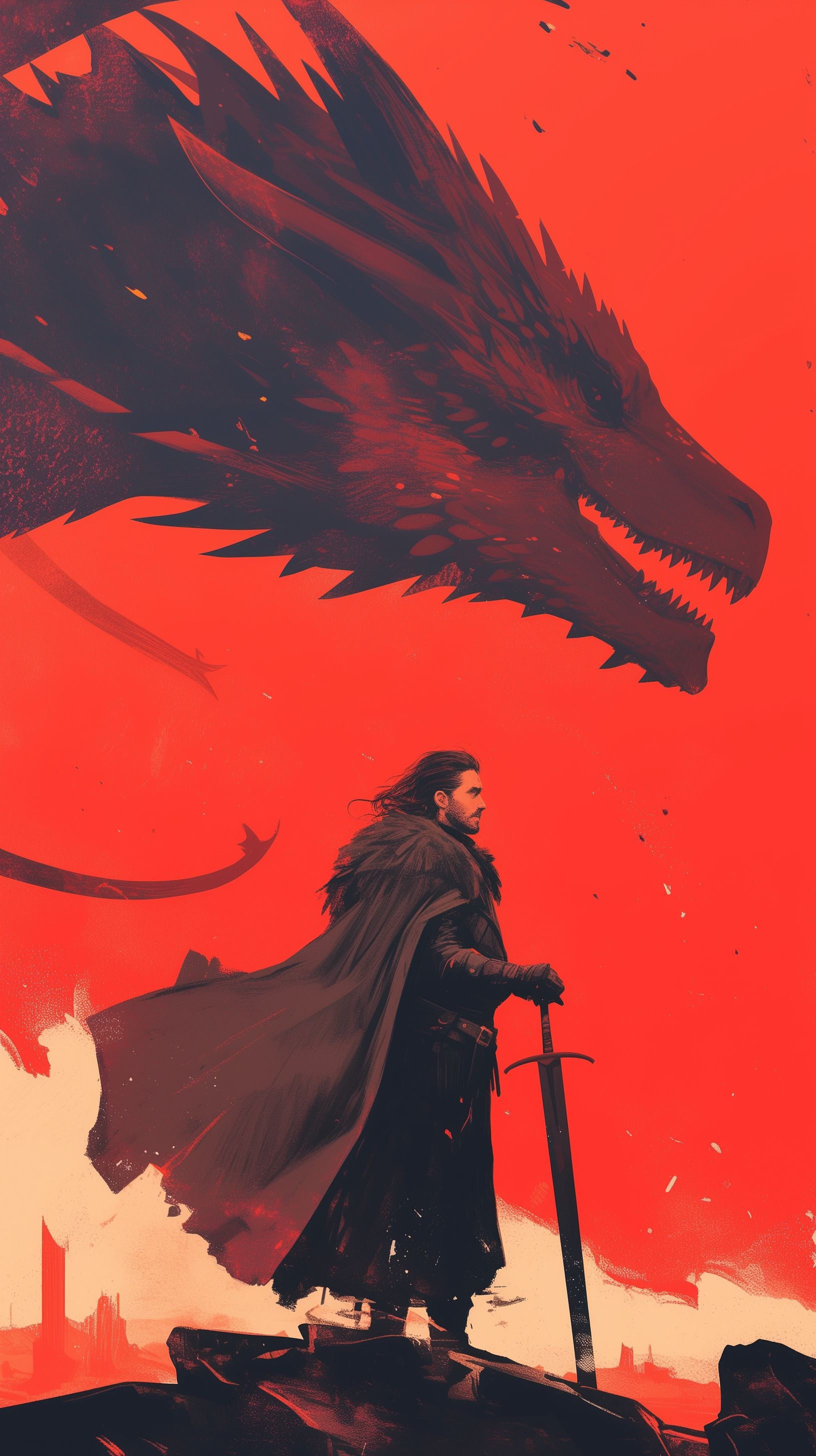 Jon Snow stands confidently with a sword, silhouetted against a vibrant red background, as a dragon looms above him. A striking wallpaper inspired by Game of Thrones.