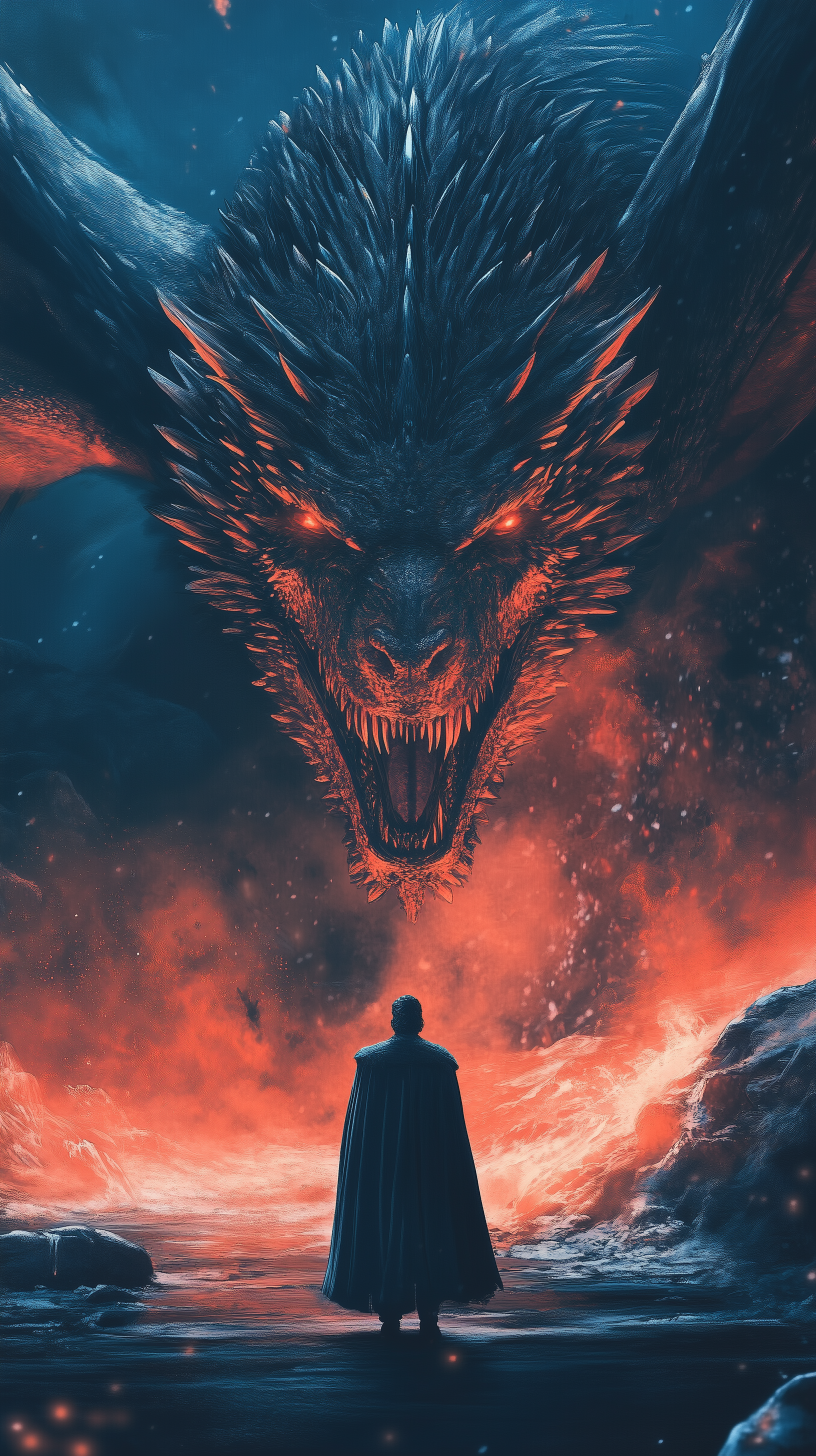 A dramatic phone wallpaper featuring a fierce dragon from Game of Thrones, looming over a figure who stands amidst a fiery landscape.
