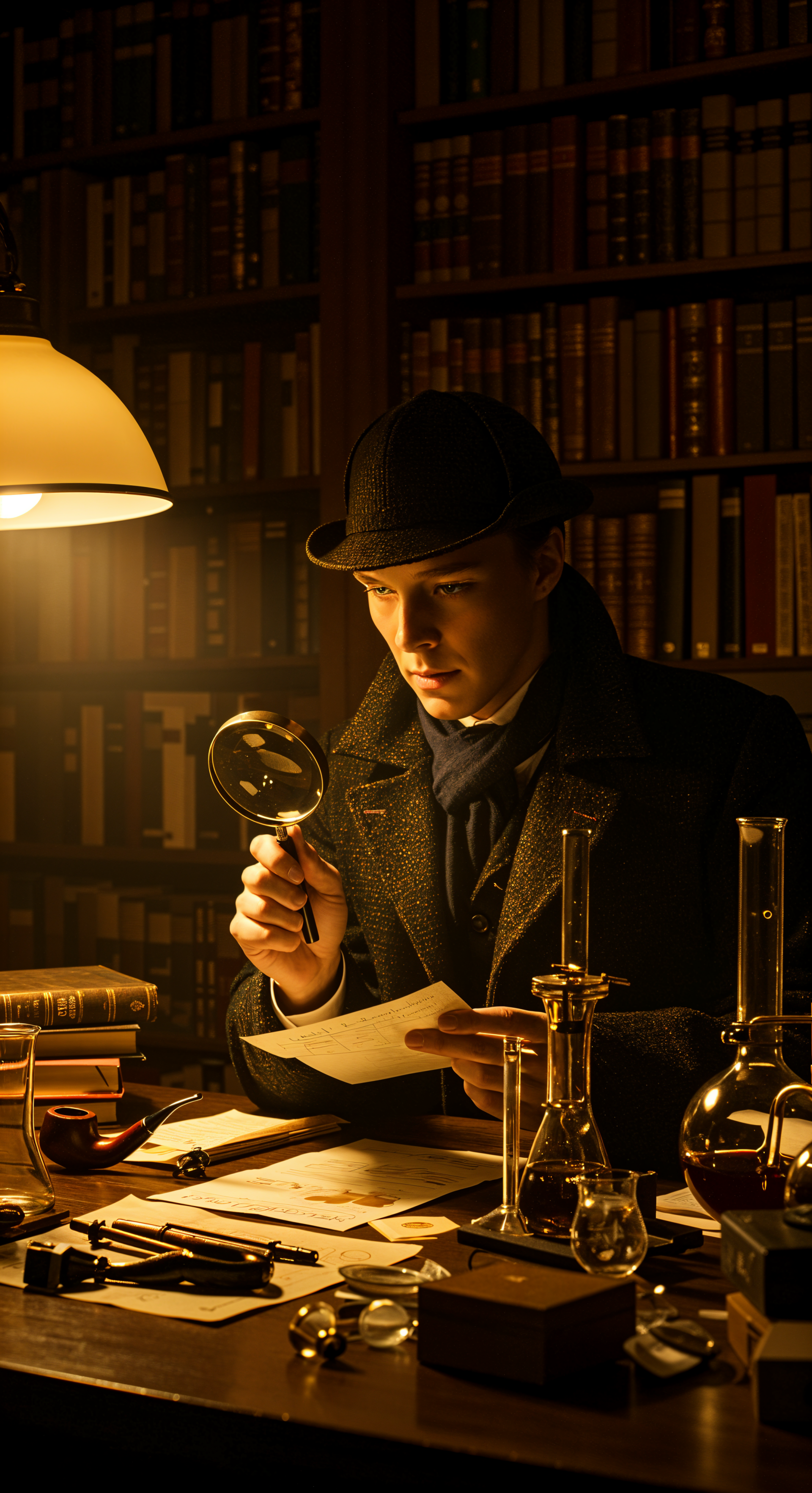 A mysterious figure resembling Sherlock Holmes examines a letter with a magnifying glass in a dimly lit library filled with books and scientific equipment, ideal for a phone wallpaper.