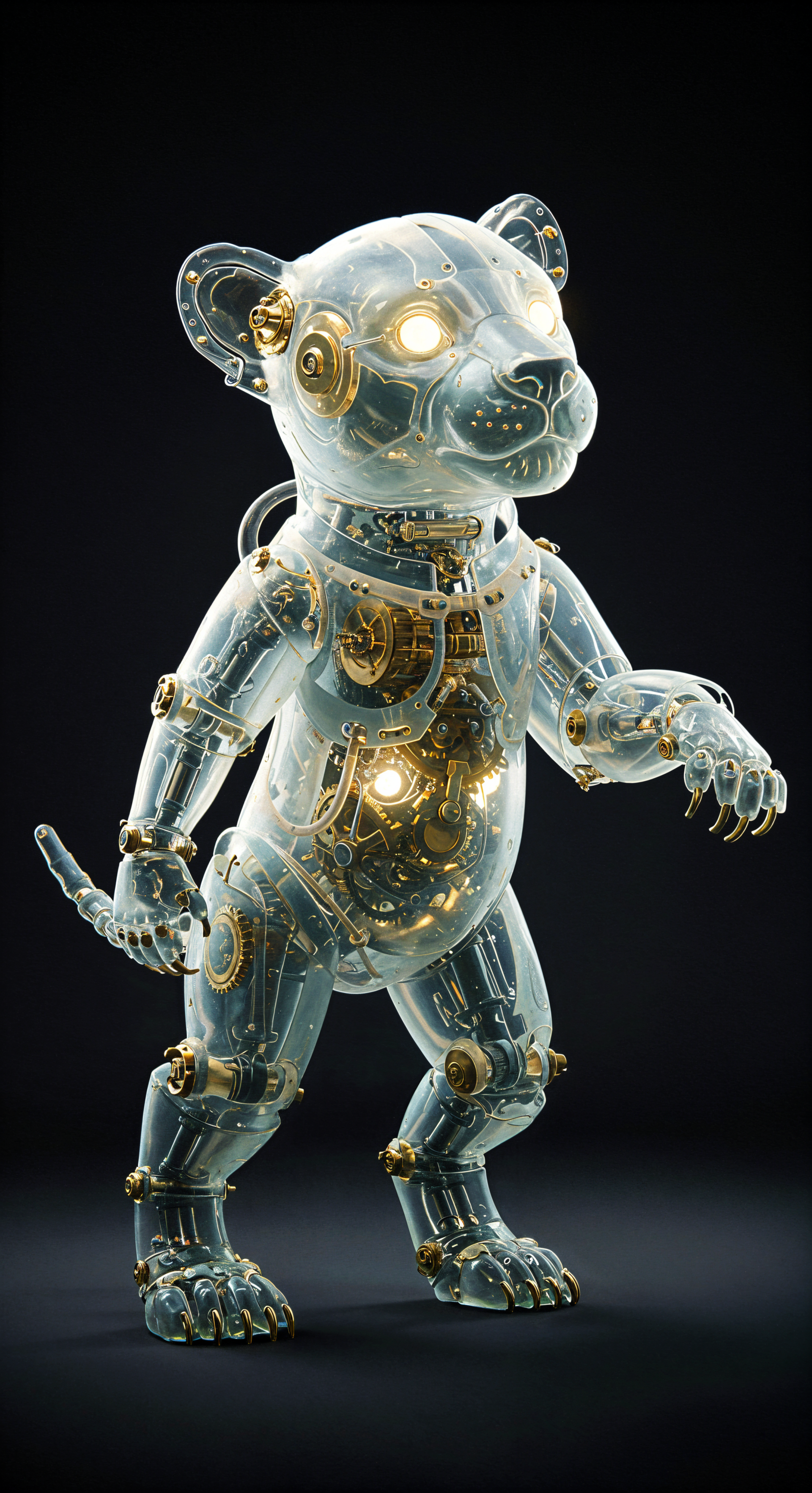 A futuristic, transparent robotic cub with glowing eyes stands against a dark background, showcasing intricate mechanical details, making it an eye-catching phone wallpaper.