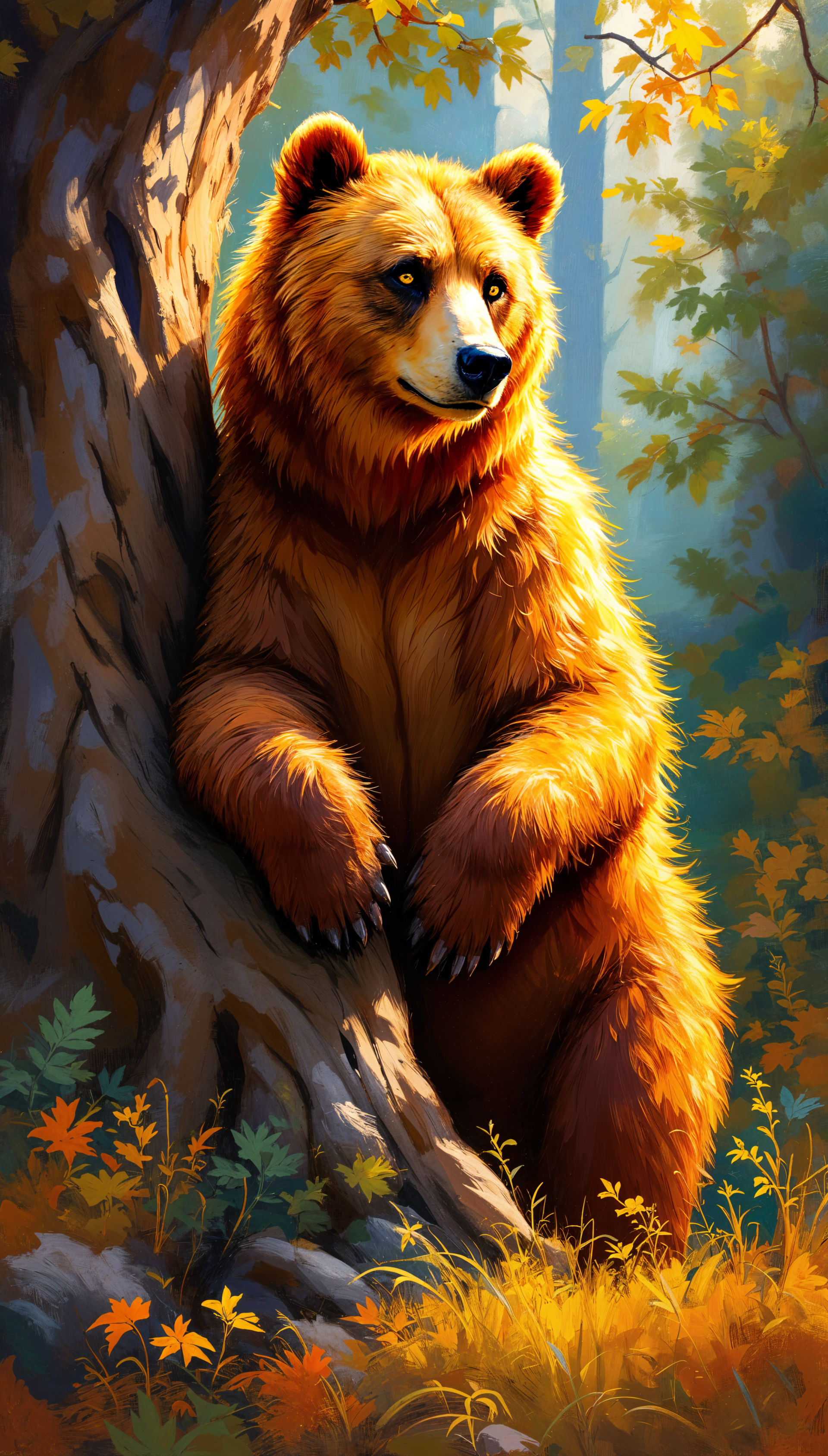 A brown bear leans against a tree, illuminated by soft sunlight filtering through autumn leaves, creating a serene and captivating phone wallpaper.