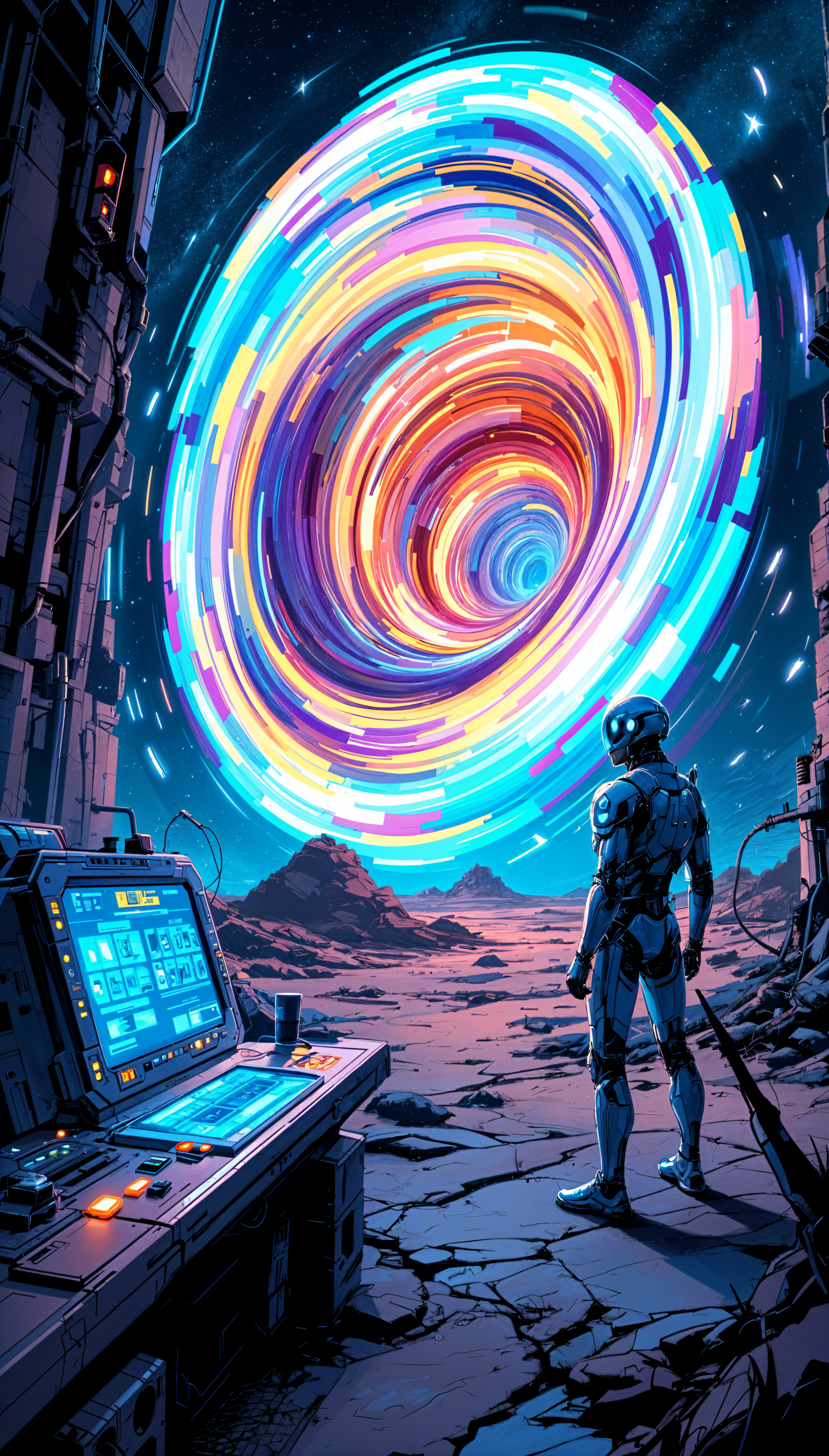 A sci-fi portal swirls with vibrant colors, standing against a barren landscape as an astronaut gazes from a control panel. An intriguing phone wallpaper depicting cosmic exploration.