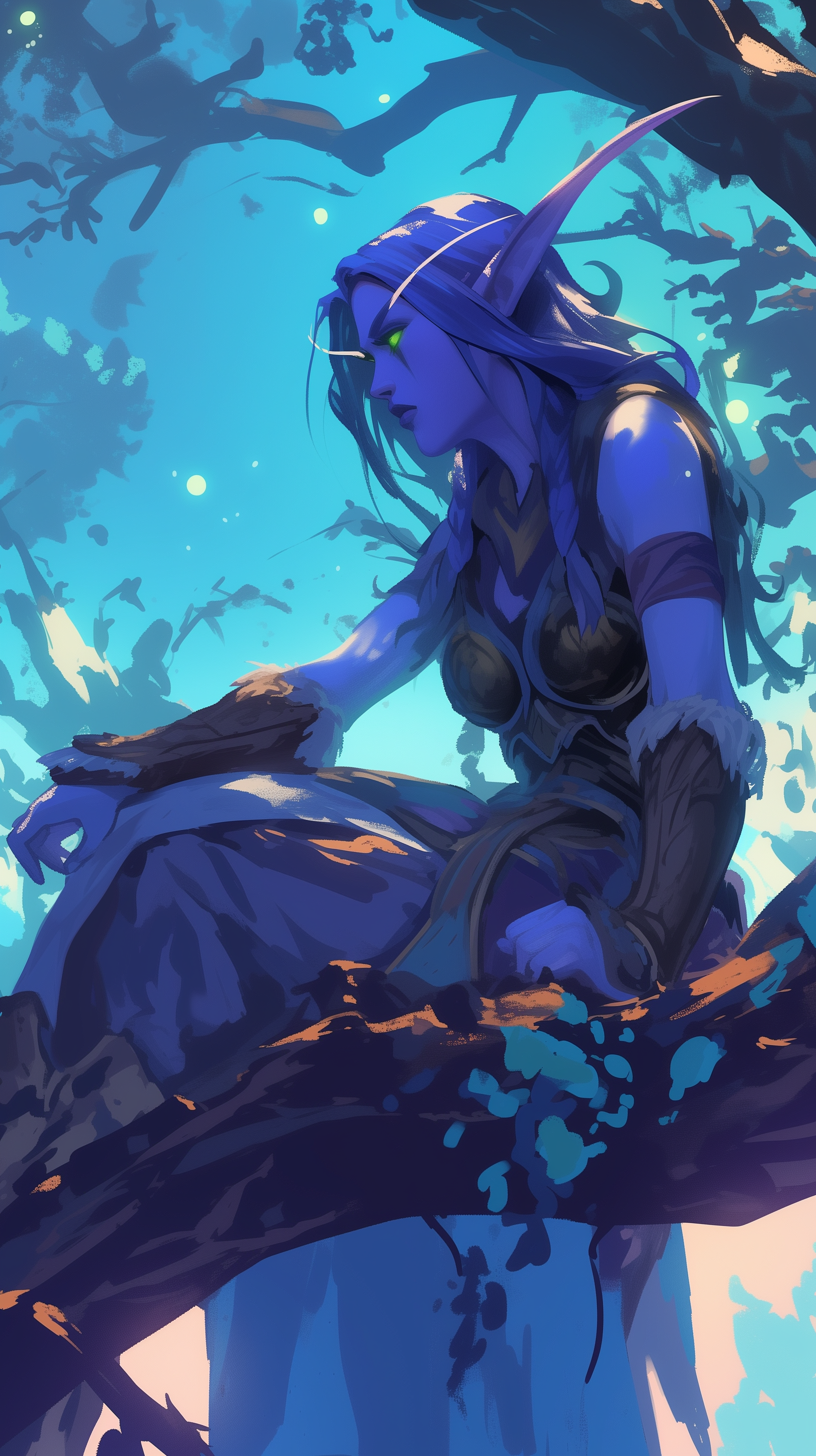 A mystical elf sits gracefully on a tree branch, surrounded by a vibrant blue forest, capturing the enchanting essence of World of Warcraft in this immersive phone wallpaper.