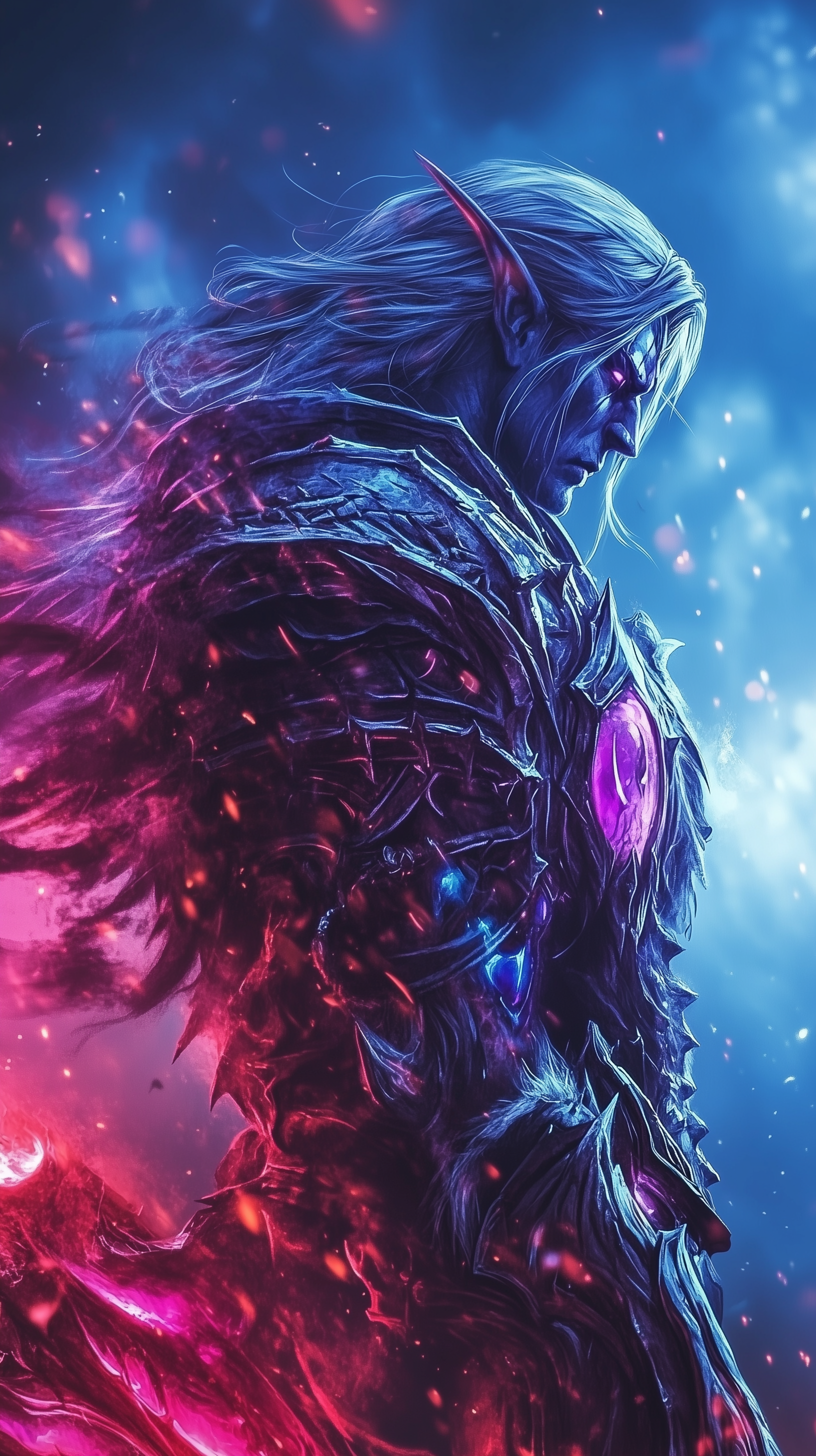 A striking World of Warcraft wallpaper featuring an armored elf with long hair, set against a vibrant, mystical backdrop of swirling colors and light.