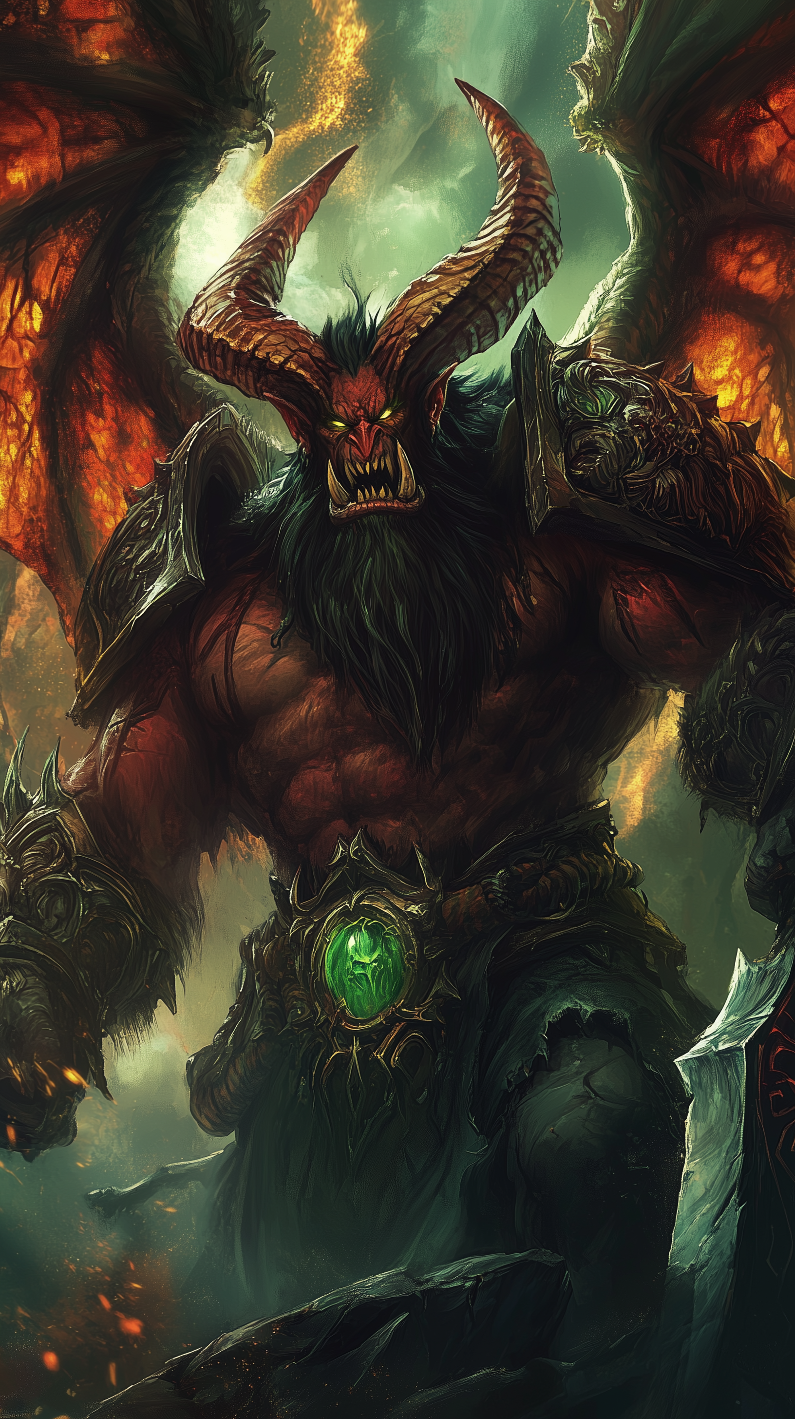 Phone wallpaper featuring a menacing orc monster from the video game World of Warcraft, with fiery wings and glowing green armor, fitting both iPhones and Android devices.