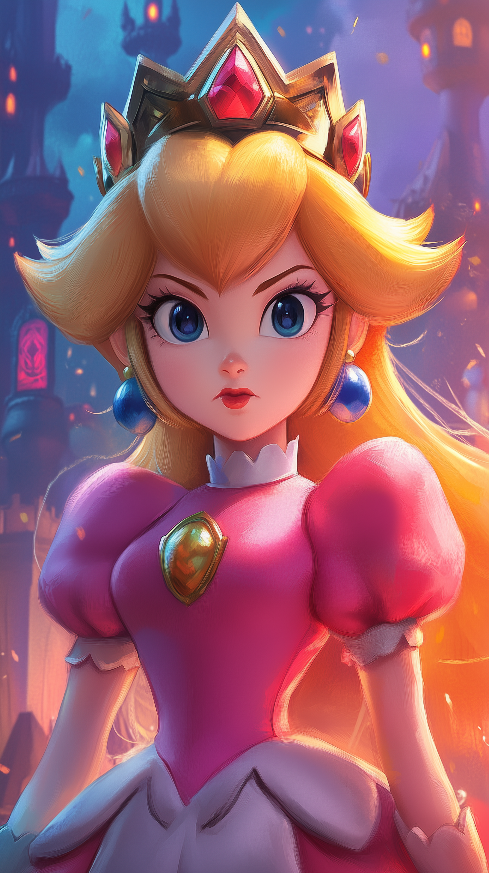 A vibrant phone wallpaper featuring Princess Peach from the Mario video game series, showcasing her in a striking pink gown and crown against a magical backdrop.