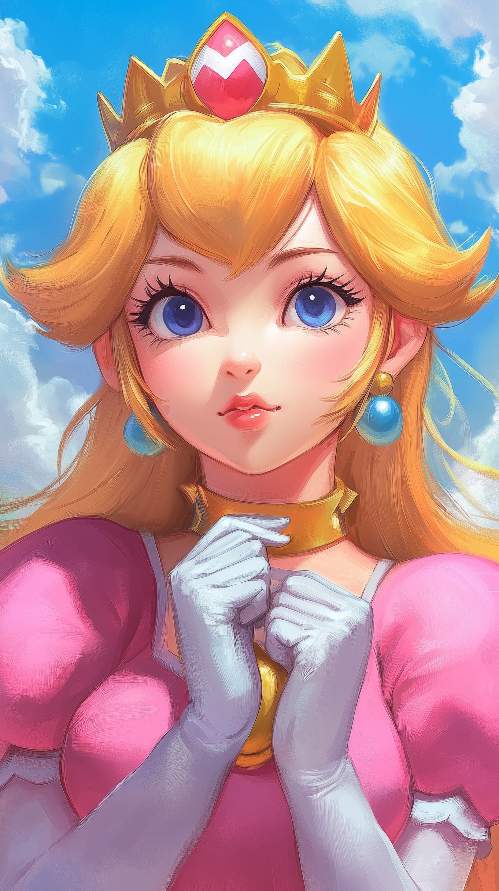 A vibrant phone wallpaper featuring Princess Peach, showcasing her cheerful expression, signature pink dress, and golden crown against a backdrop of fluffy clouds.