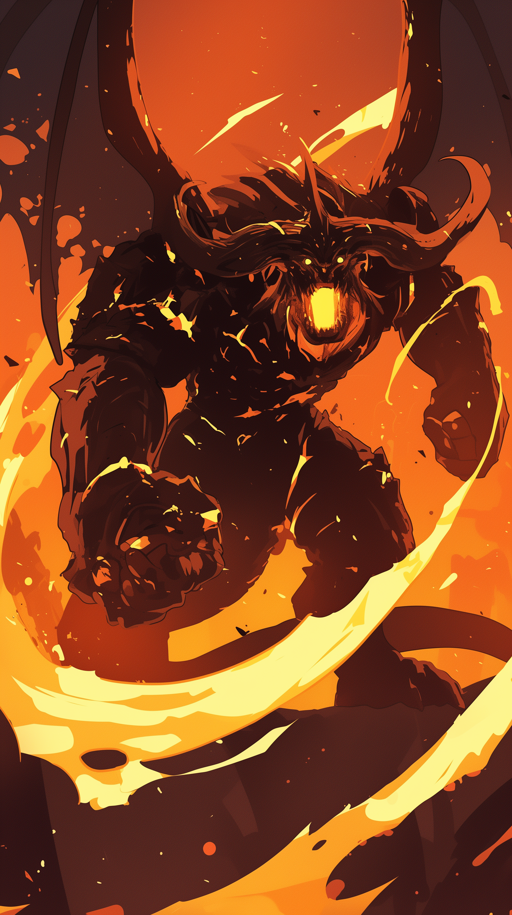 A striking phone wallpaper featuring the Balrog from *The Lord of the Rings*, surrounded by fiery orange hues and dynamic flames, capturing the essence of this iconic movie creature.