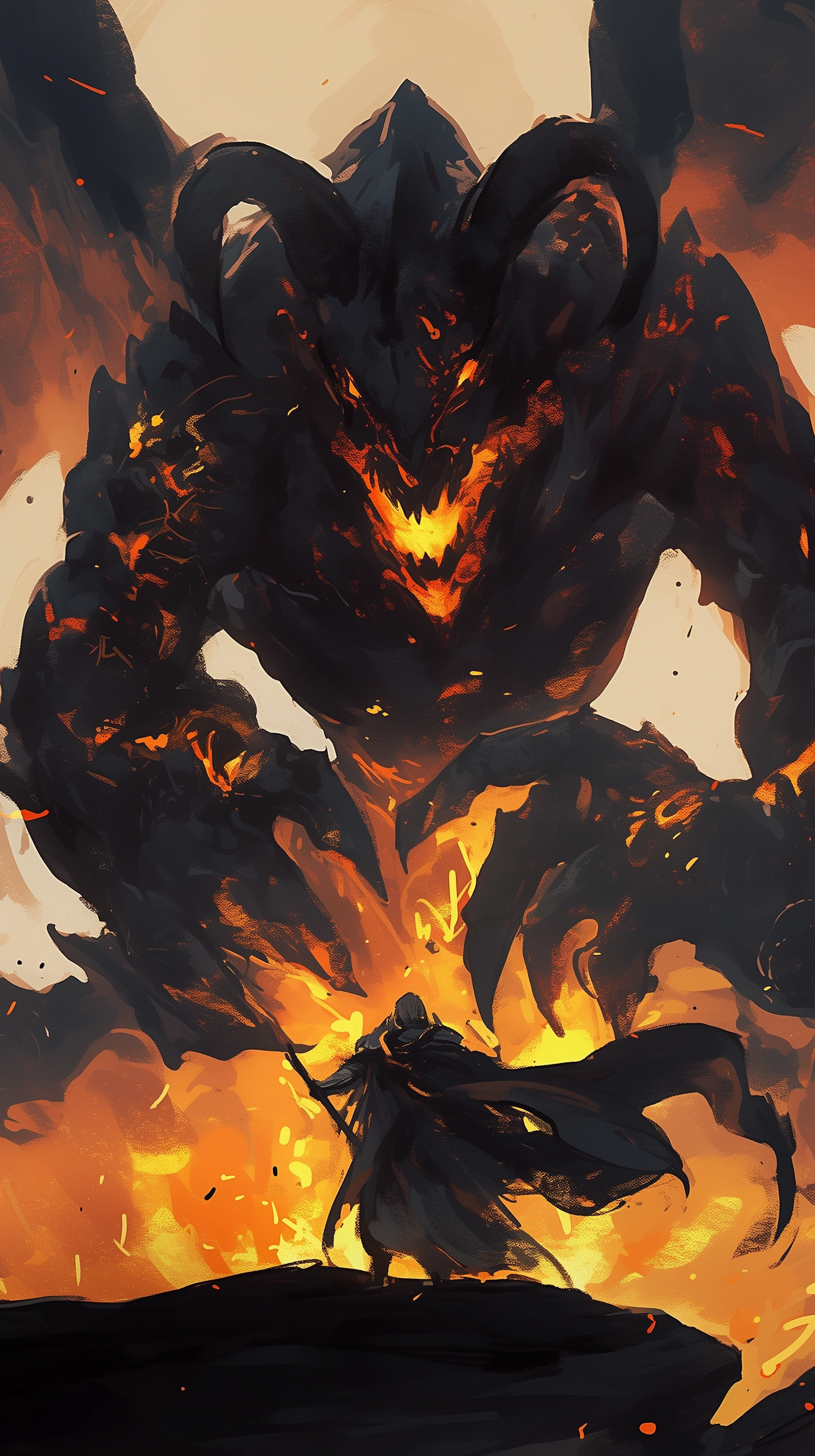 A dramatic phone wallpaper featuring the Balrog from The Lord of the Rings, with flames and shadows creating a fierce atmosphere as a lone figure confronts the creature.