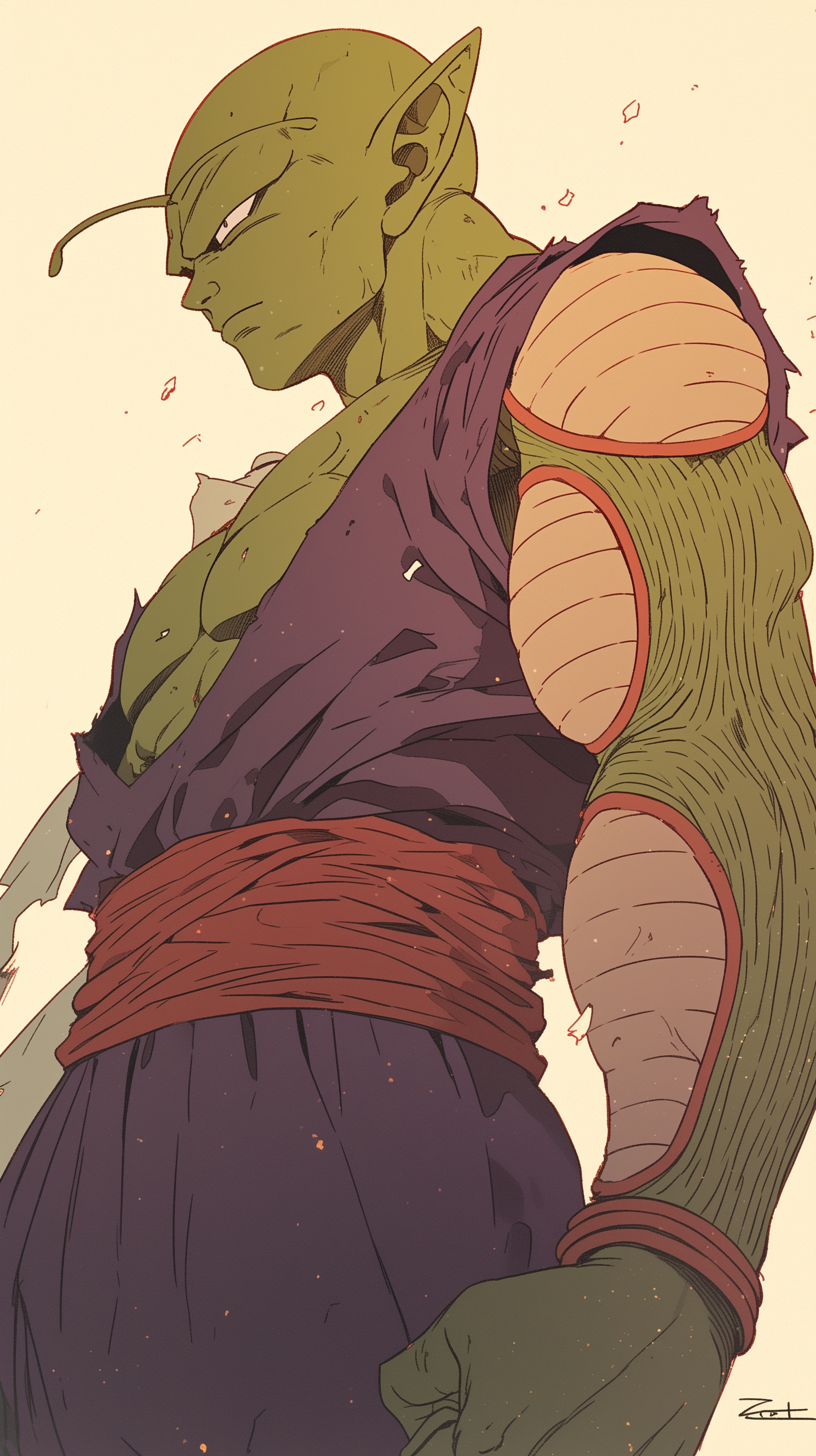 A dynamic illustration of Piccolo from Dragon Ball, showcasing his muscular build and distinctive features, designed as a vibrant phone wallpaper.