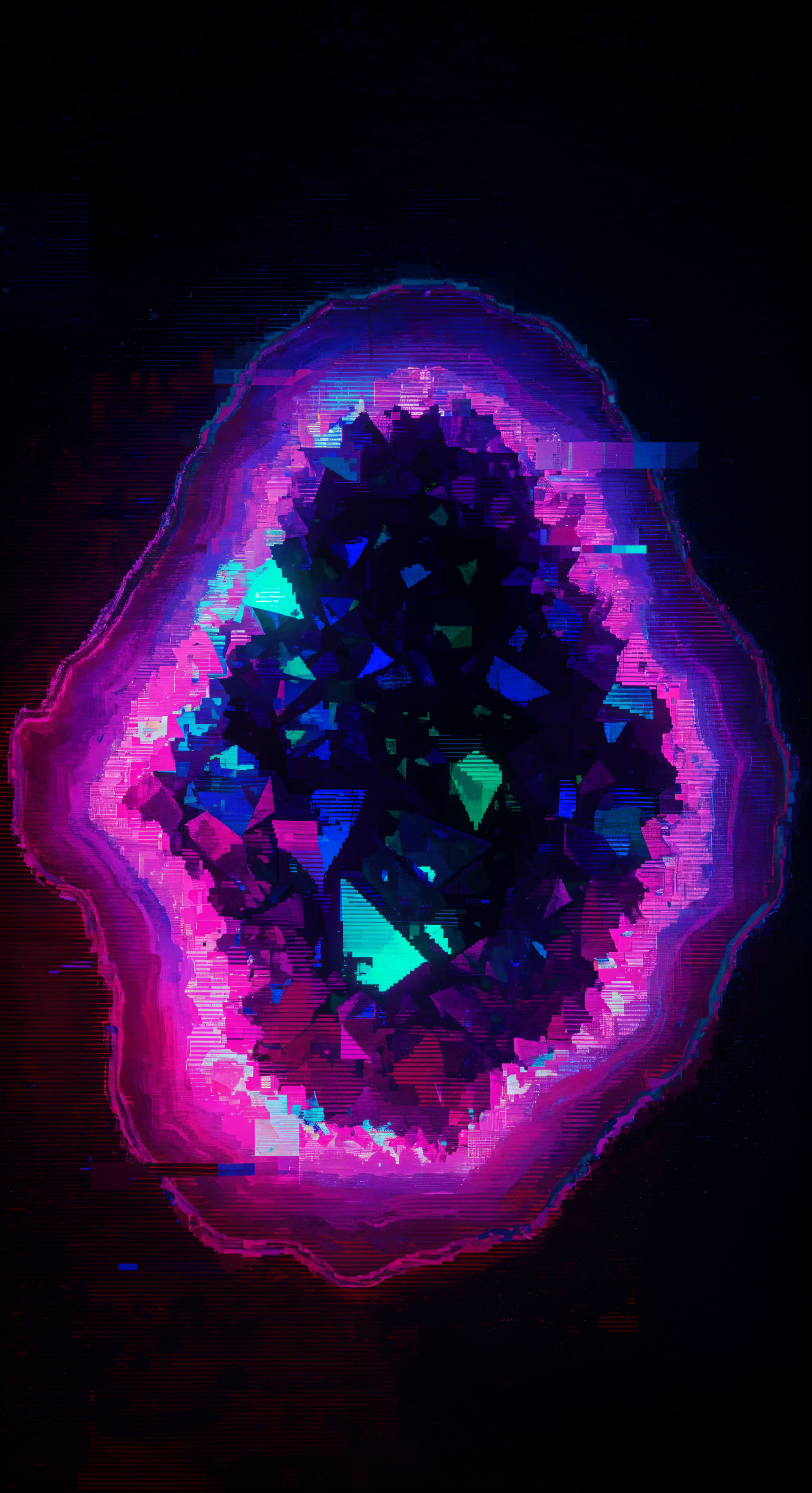 A vibrant digital geode wallpaper featuring a multicolored crystal formation surrounded by a glowing, purple outline against a dark background.