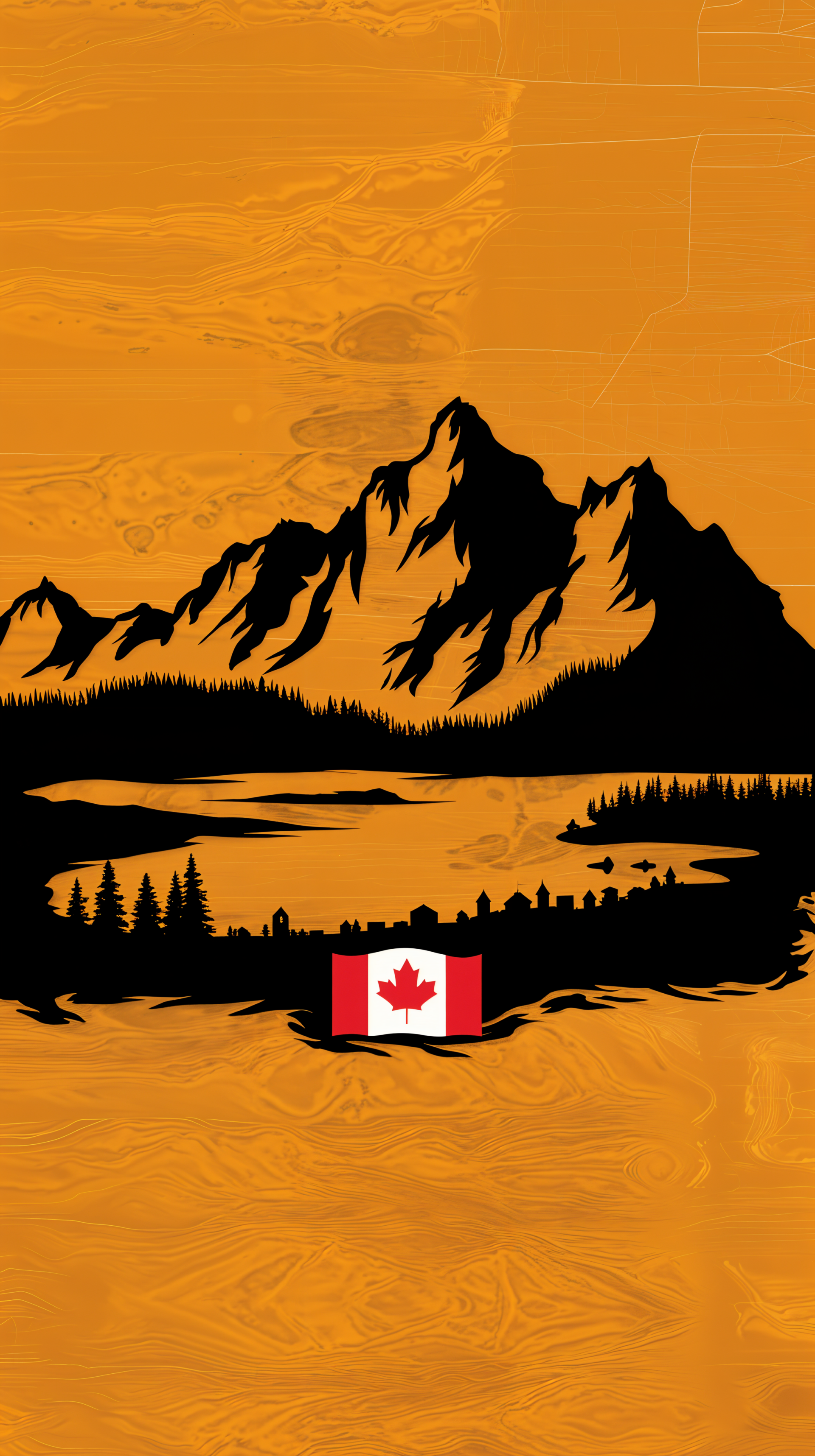 A vibrant phone wallpaper featuring majestic mountains, a serene lake, and a Canadian flag, all set against a warm, orange background, celebrating Canada’s natural beauty.