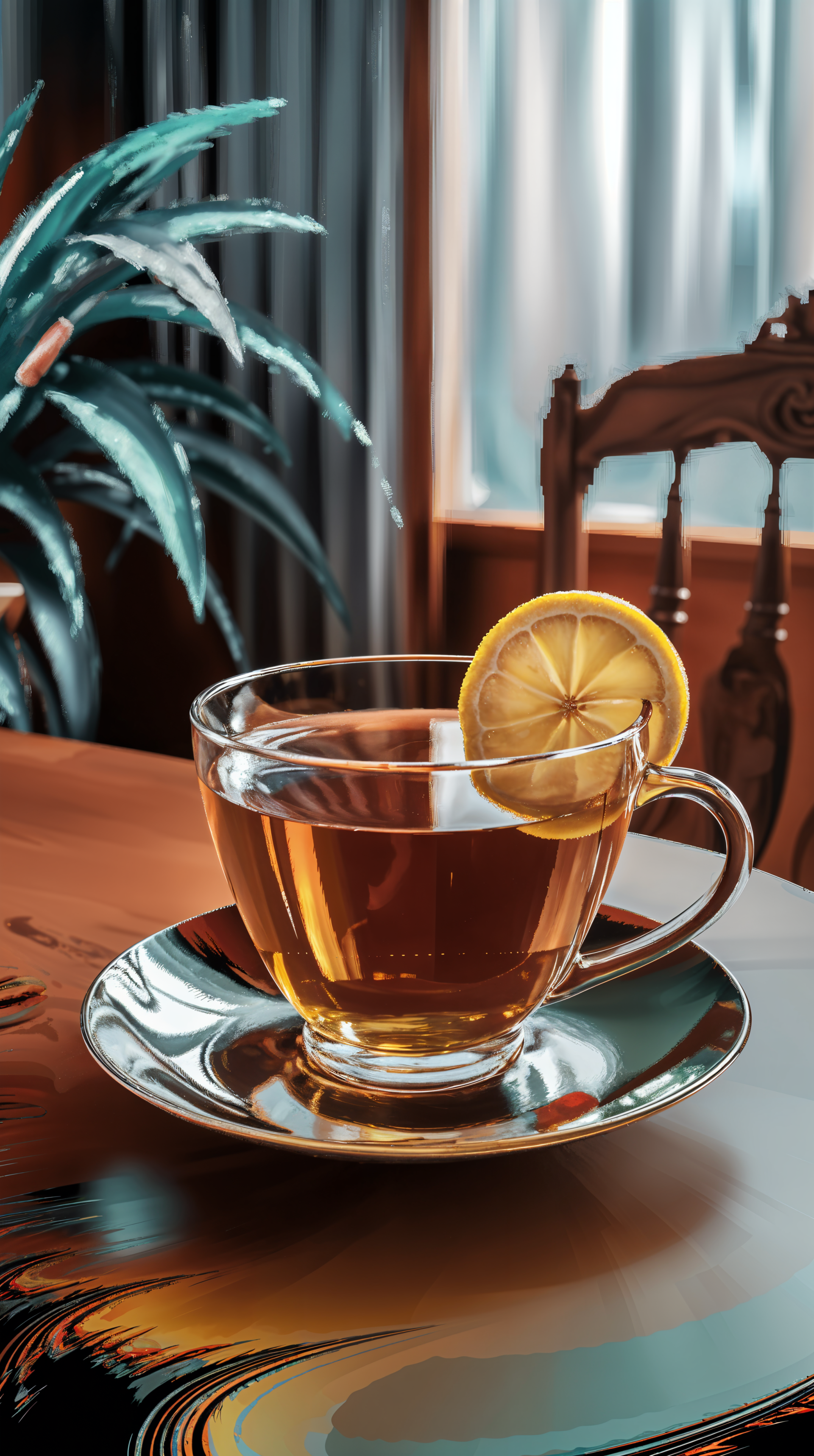 A warm cup of tea with a lemon slice sits on a saucer, accompanied by a leafy plant, creating a cozy atmosphere. This image serves as a tranquil phone wallpaper.