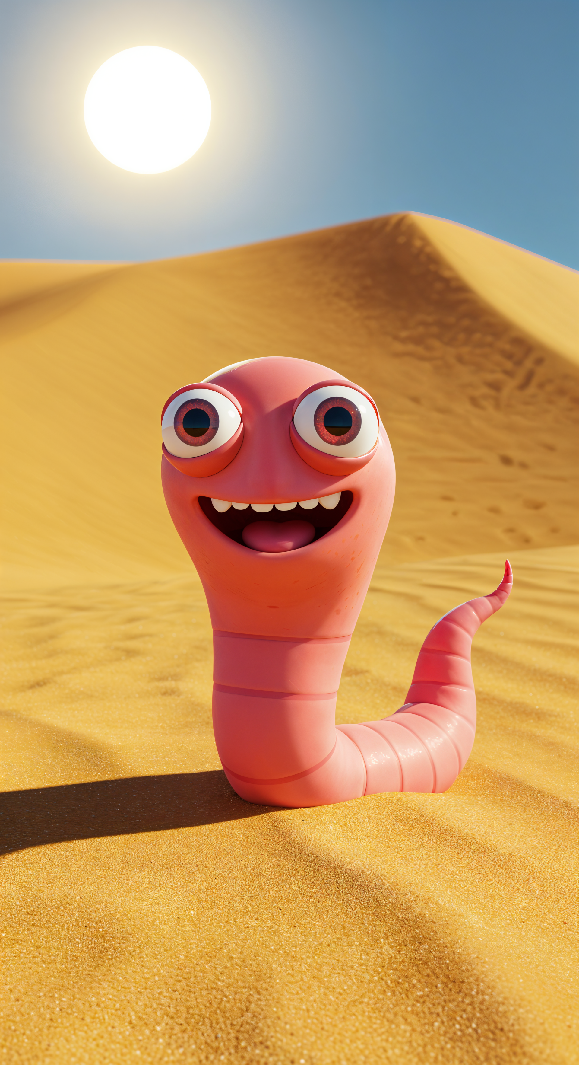 A cheerful pink sandworm with large eyes and a wide smile stands on golden sand under a bright sun, creating a vibrant and playful phone wallpaper.