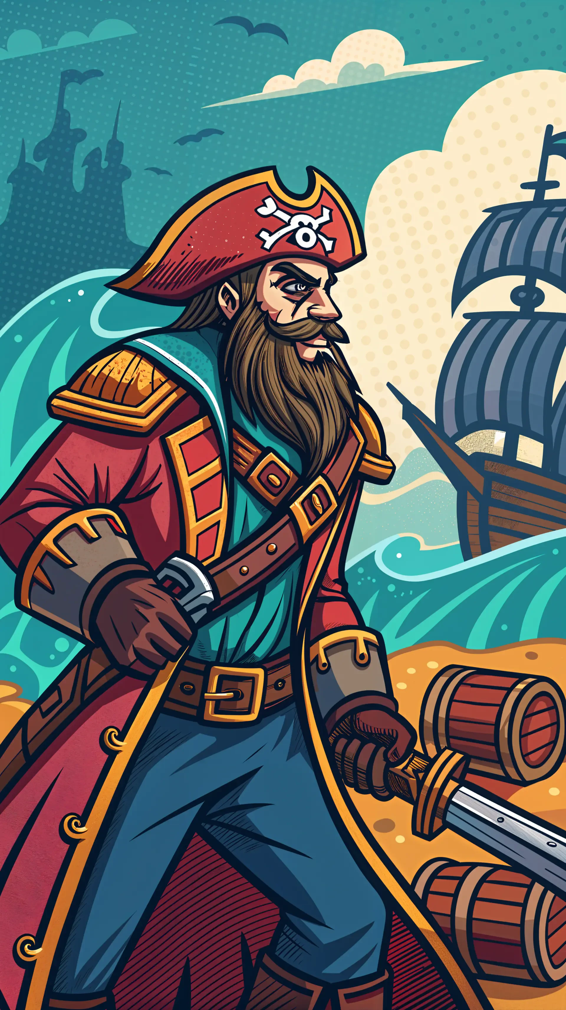 A vibrant phone wallpaper featuring a fierce pirate in elaborate attire, standing on a sandy shore with waves crashing behind him and a ship sailing in the distance.