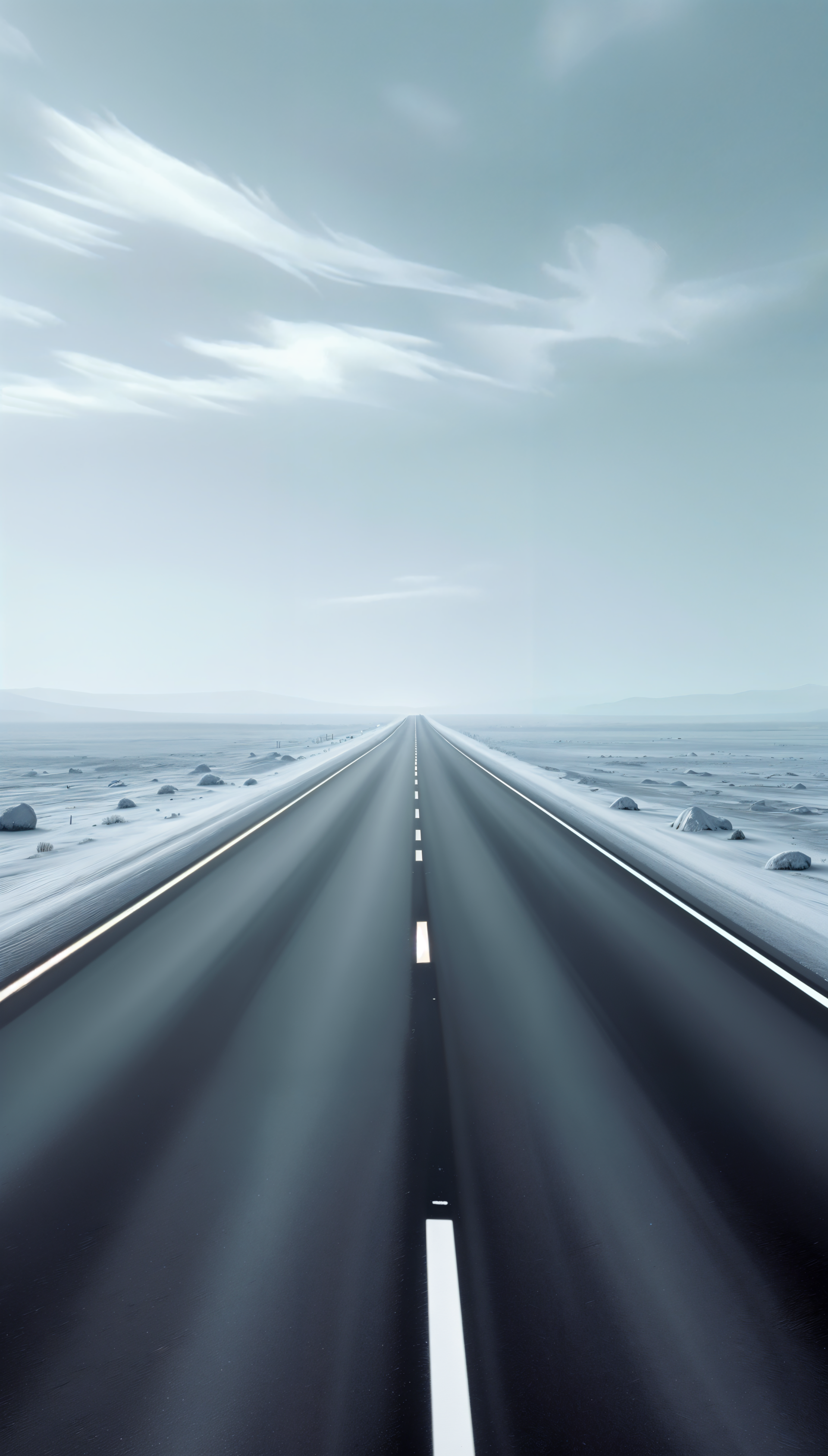 A serene highway stretches into the distance, surrounded by a barren landscape and a calm sky, creating an inviting atmosphere for this phone wallpaper.