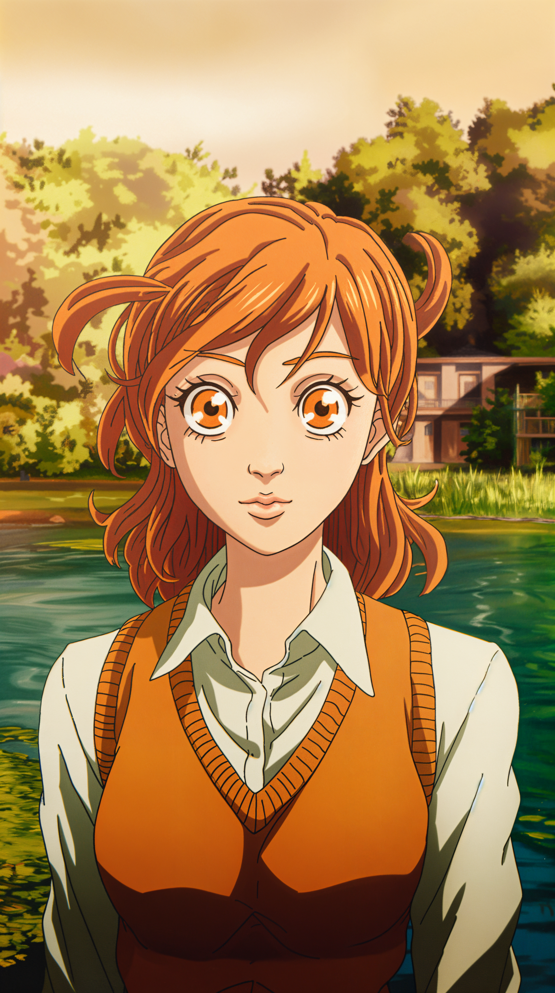 A vibrant orange-haired anime character stands near a serene lake, set against a backdrop of lush greenery, making this an engaging phone wallpaper choice.