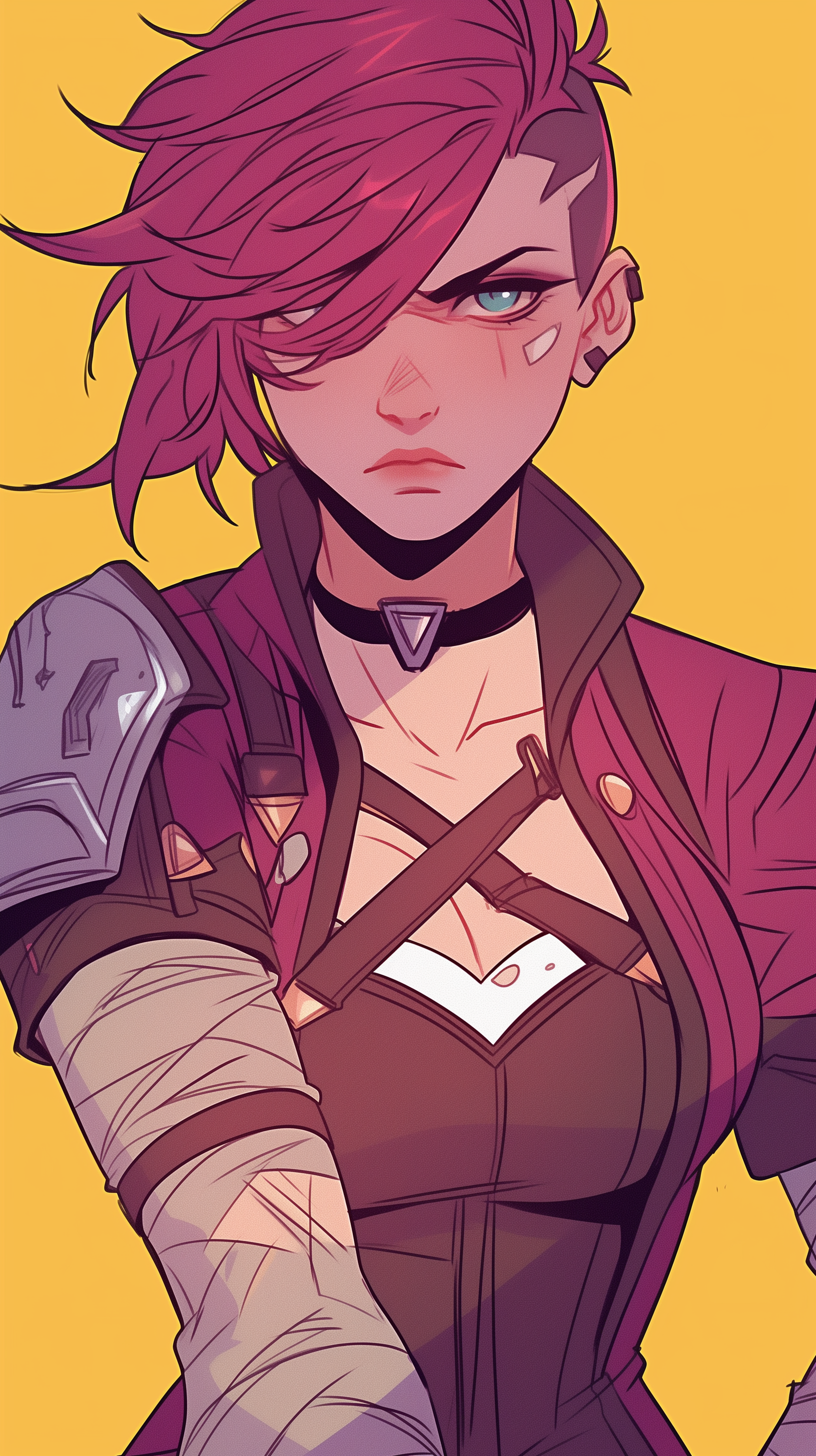 A vibrant phone wallpaper featuring VI from the TV show Arcane, showcasing her fierce expression and distinctive purple hair against a bold yellow background.