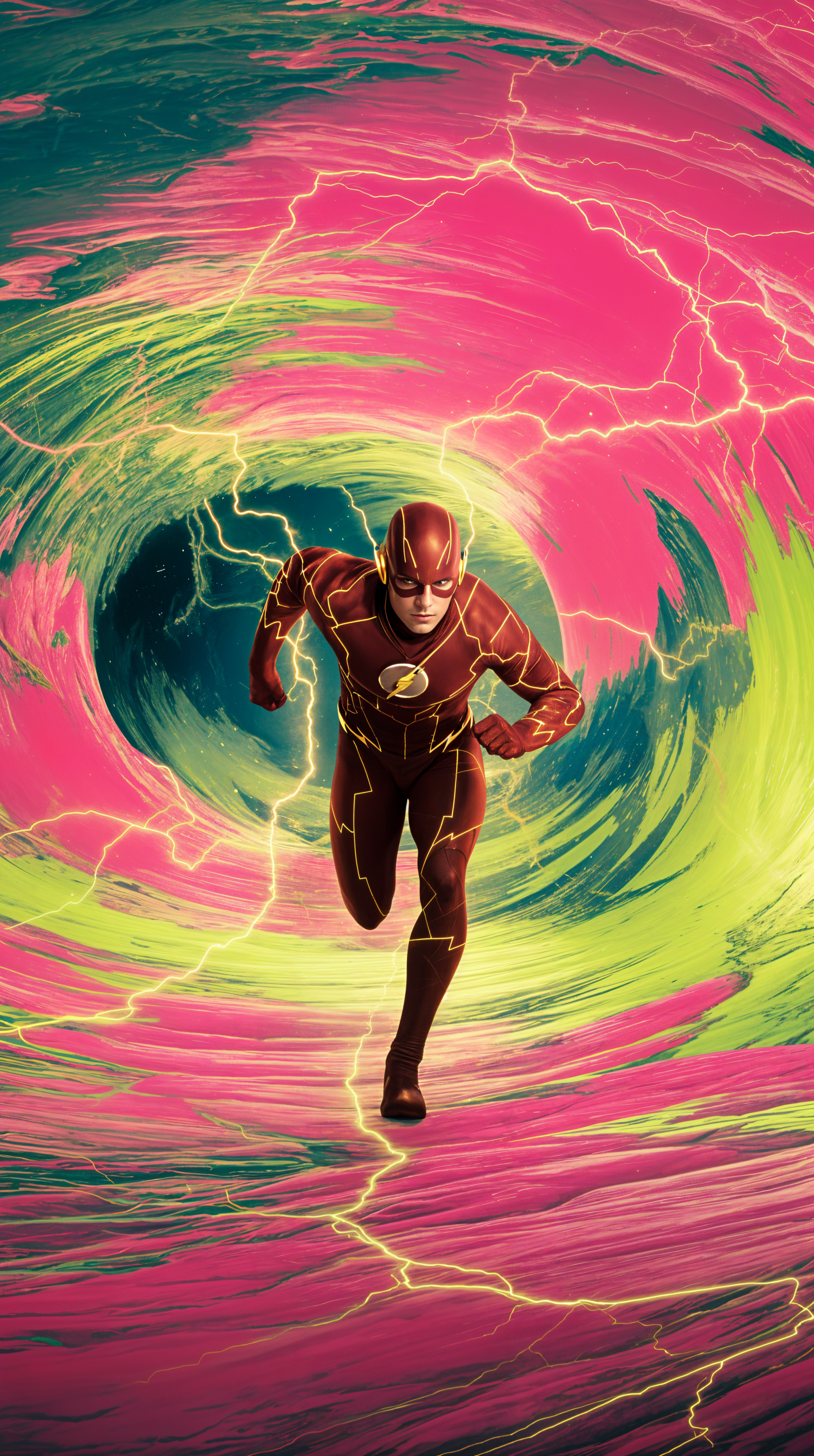 A dynamic phone wallpaper featuring Flash running through a vibrant, swirling tunnel of pink and green hues, illuminated by bolts of lightning.