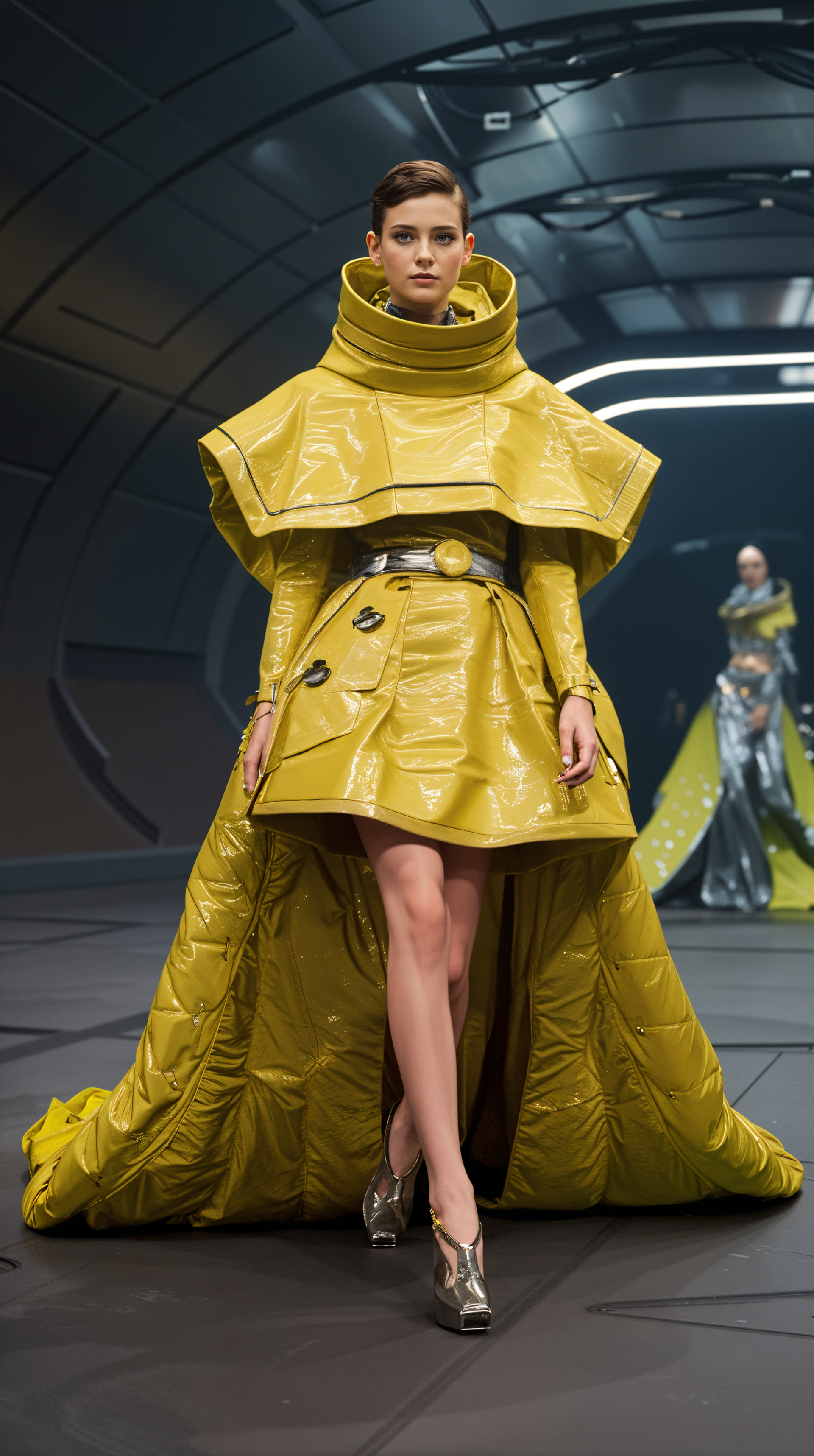 Model walks a runway wearing an avant-garde glossy yellow dress with a dramatic collar and train, captured as a stylish phone wallpaper for iPhones and Android devices.