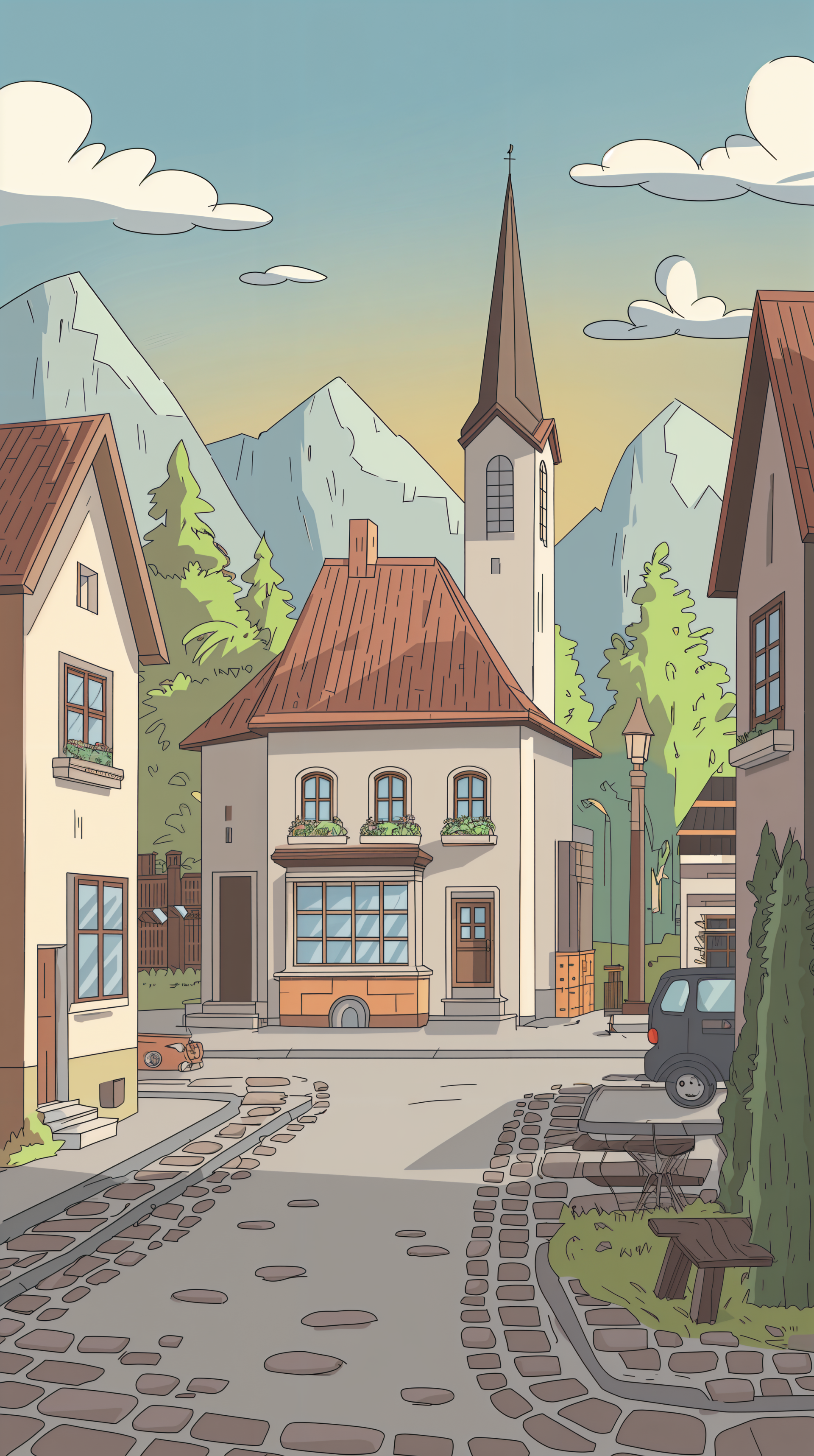 A charming town street scene featuring quaint houses, a church steeple, and mountains in the background, designed as a lively phone wallpaper.