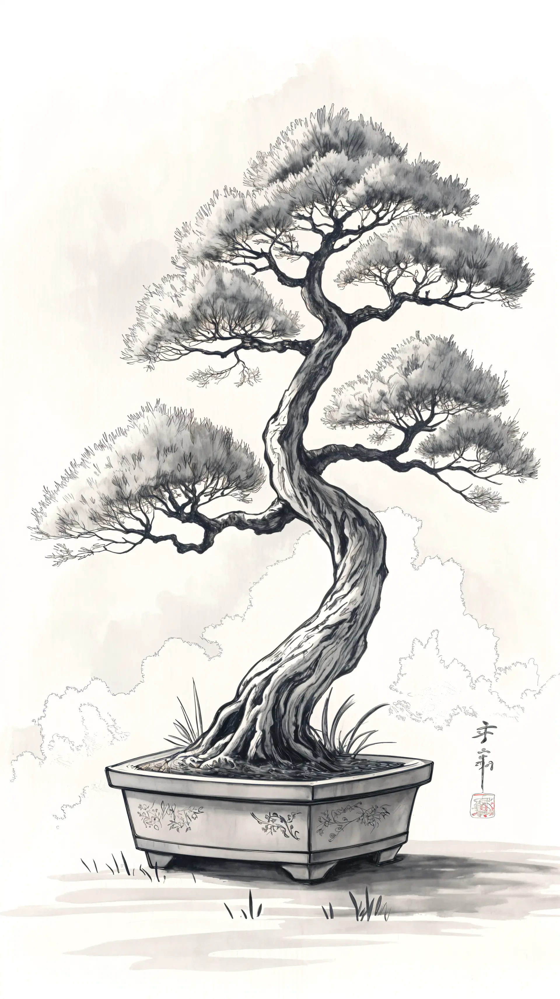 Monochrome illustration of a gracefully twisted bonsai tree in a decorative pot, designed as a phone wallpaper for iPhones and Android devices.
