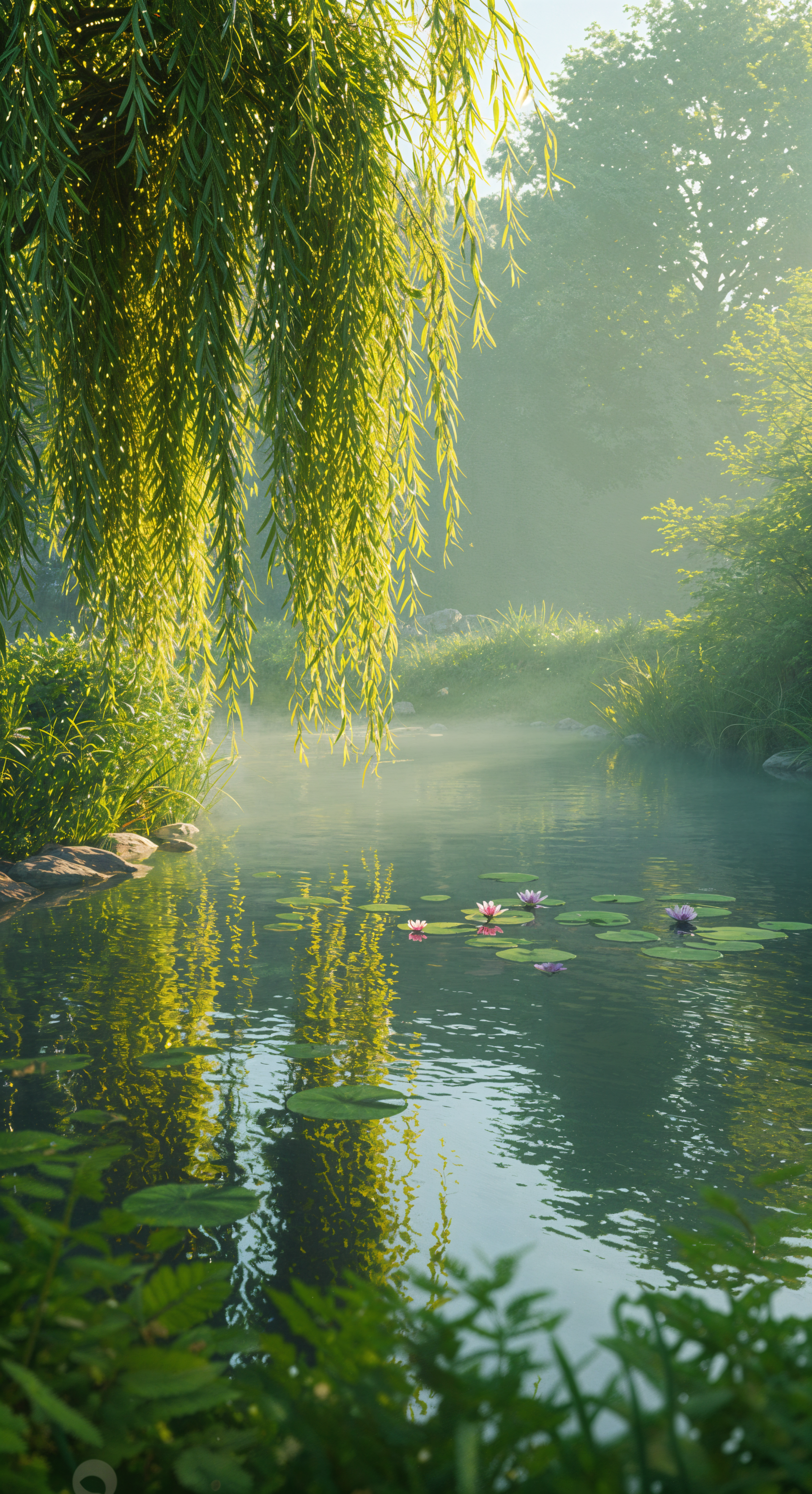 A serene pond scene featuring lush greenery, willow branches, and colorful water lilies, enveloped in soft morning mist, makes for an inviting phone wallpaper.