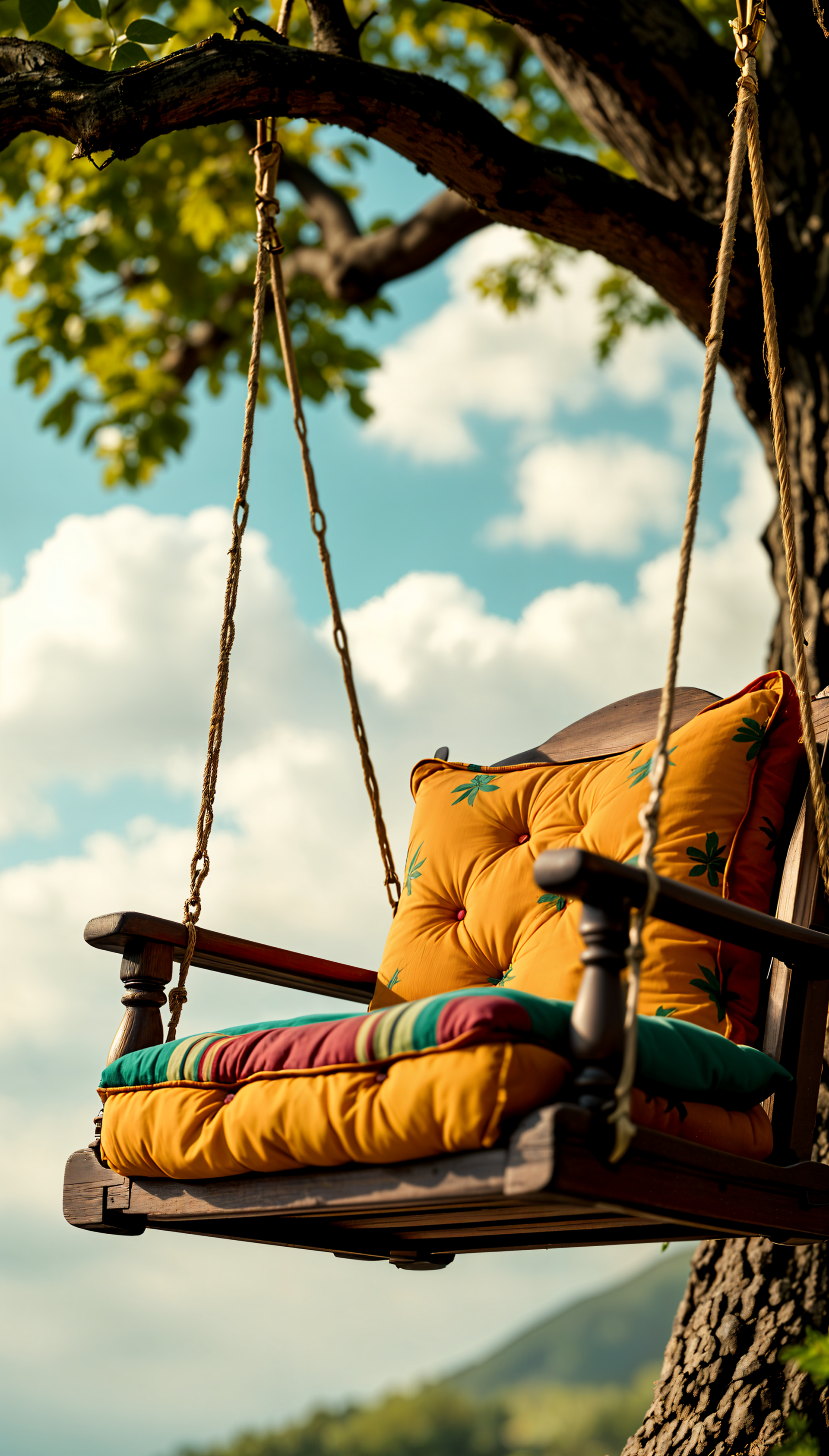 A cozy swing adorned with a vibrant yellow cushion hangs from a tree, set against a backdrop of fluffy clouds and lush greenery. This image serves as an inviting phone wallpaper.