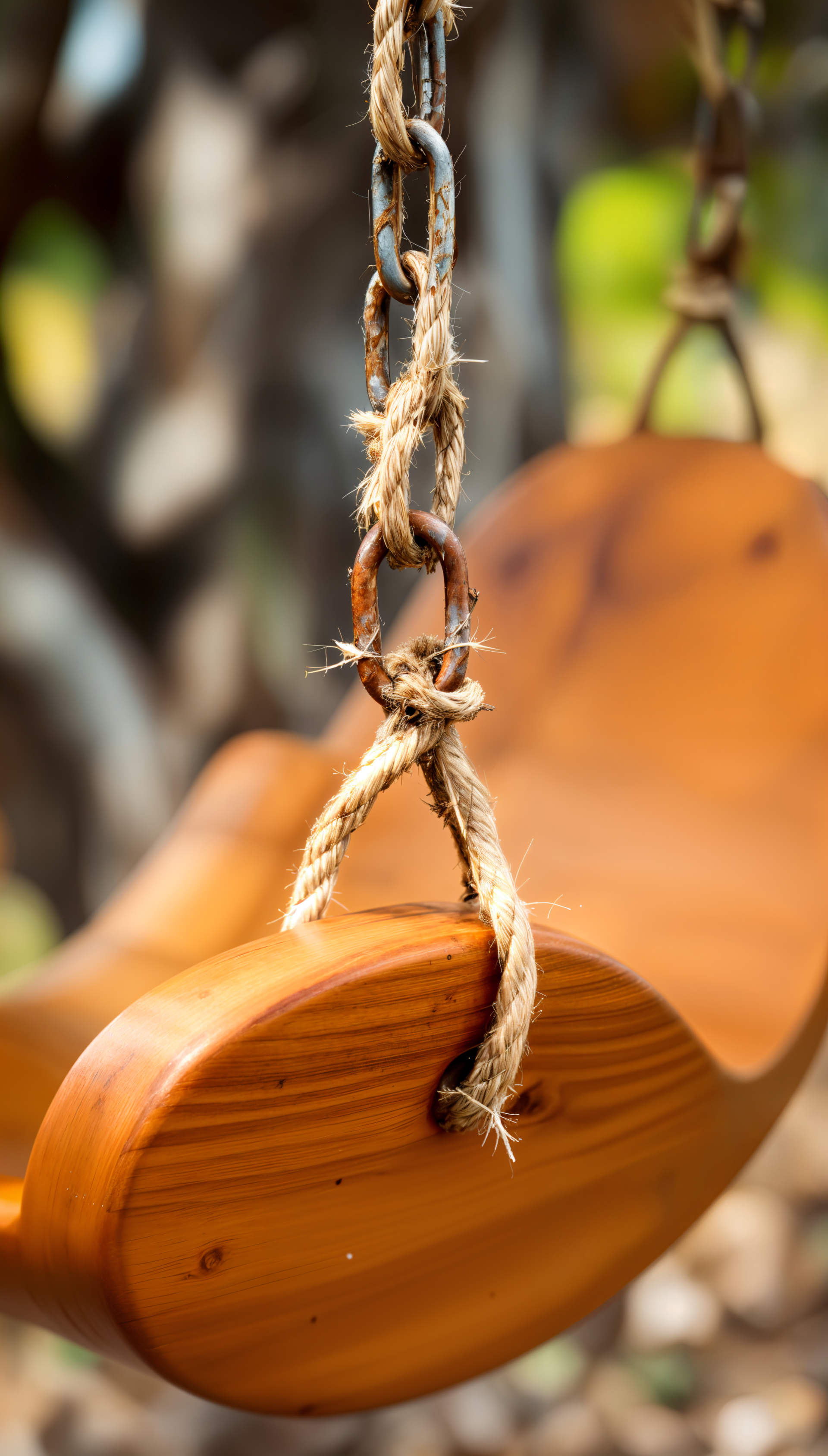 A close-up of a wooden tree swing, suspended by strong rope and metal chains, surrounded by a blurred natural background, making it an inviting phone wallpaper.