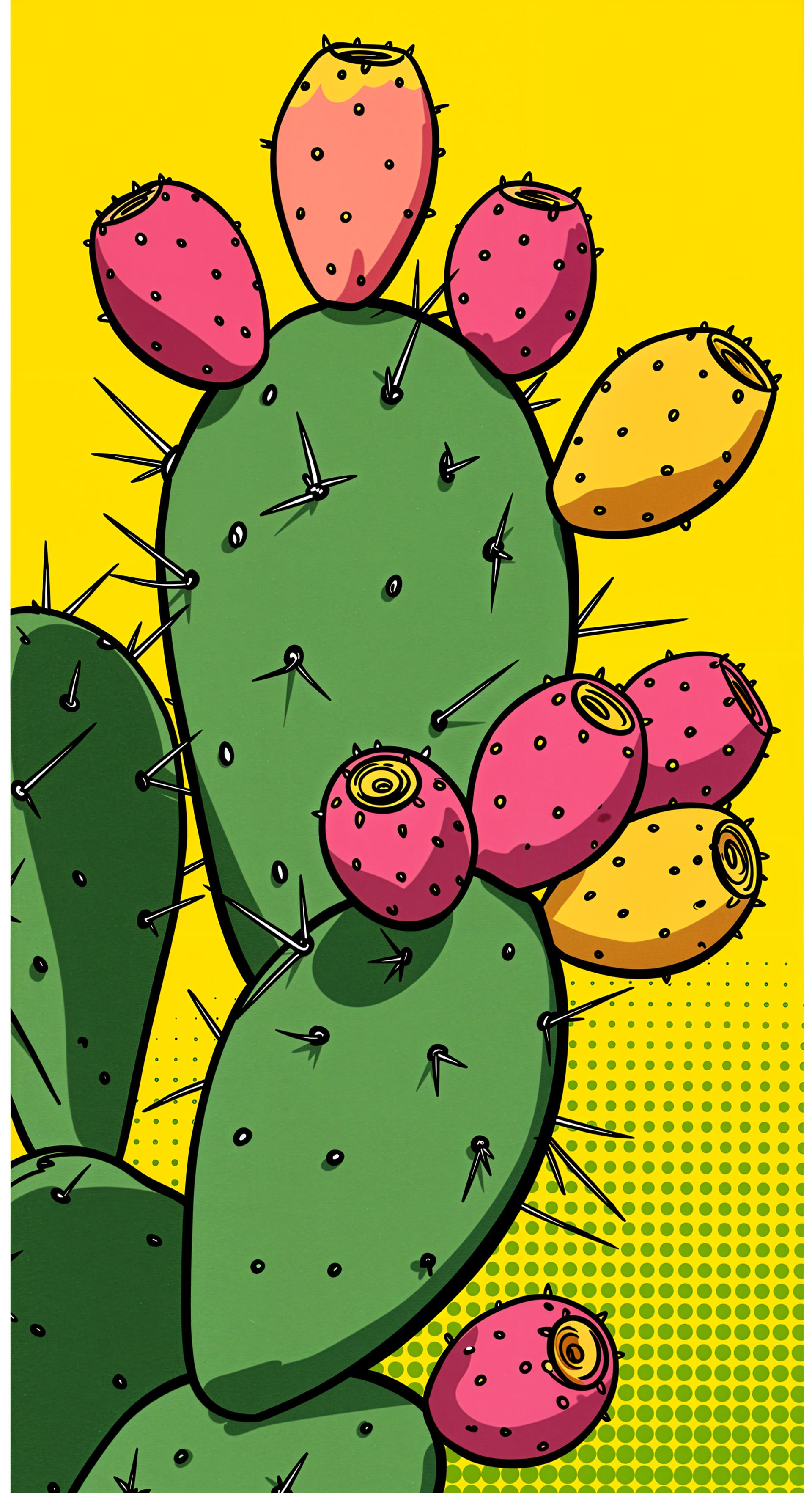 Vibrant phone wallpaper featuring a prickly pear cactus, adorned with colorful fruits against a bright yellow background and dotted patterns, adding a playful touch to any screen.