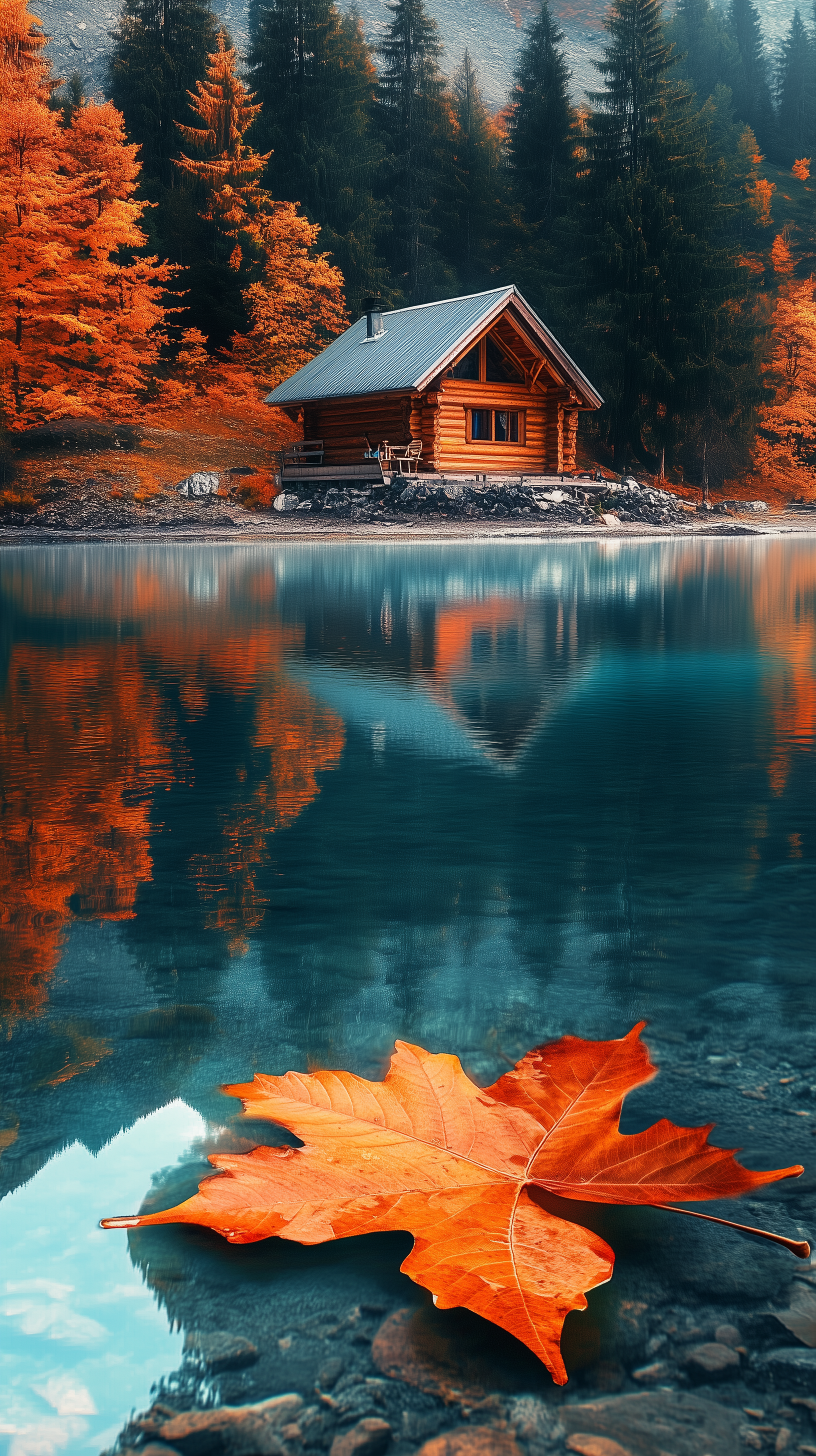 A vibrant fall landscape featuring a wooden cabin by a calm river, surrounded by orange-leafed trees and forest, with a large autumn leaf in the foreground.