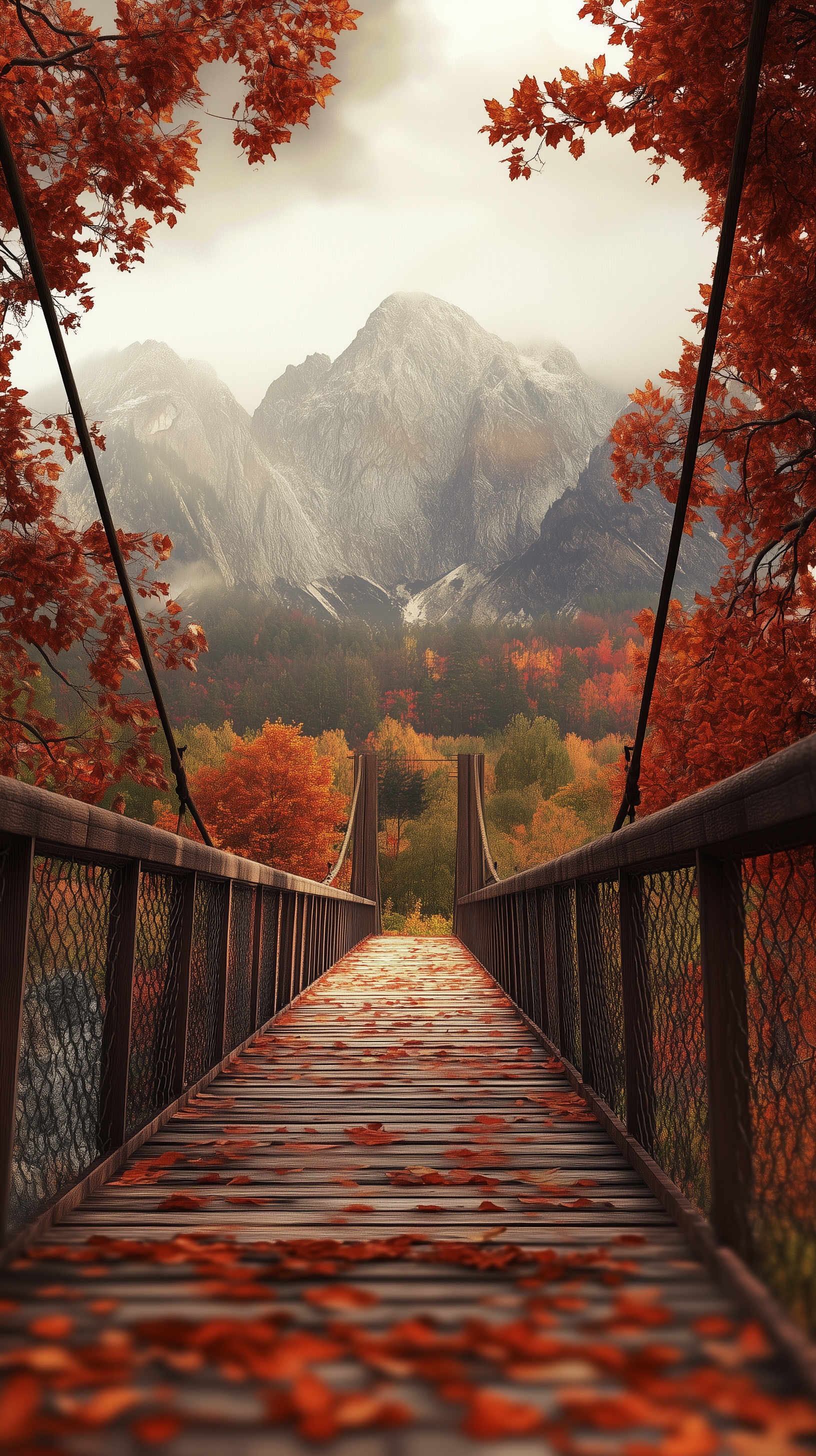 A serene autumn scene features a wooden bridge leading towards majestic mountains, surrounded by vibrant red and orange foliage. This picturesque view makes a stunning phone wallpaper.