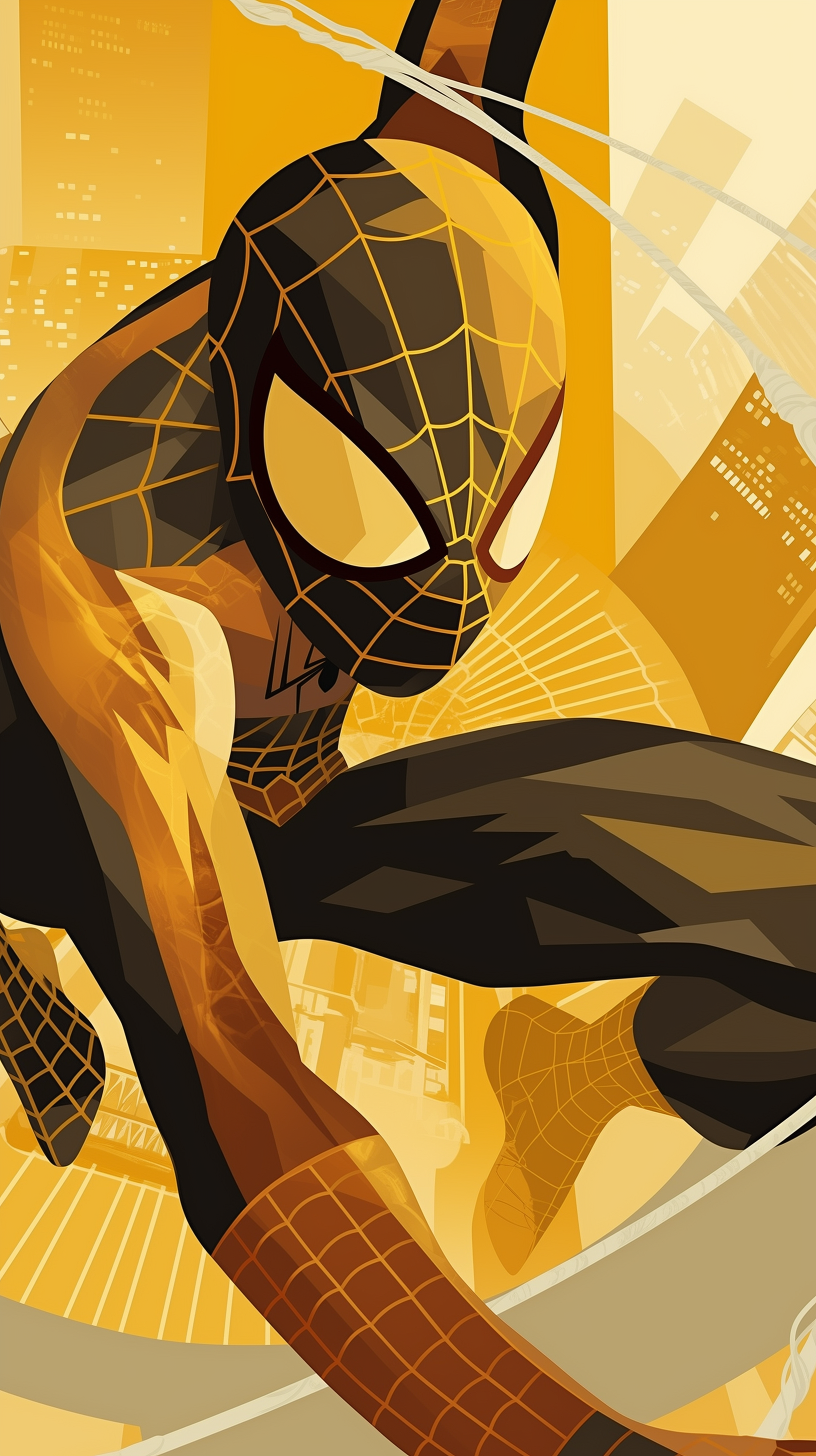 A vibrant yellow comic-style wallpaper featuring Spider-Man in action, showcasing the superhero's iconic design and dynamic pose against a city backdrop.