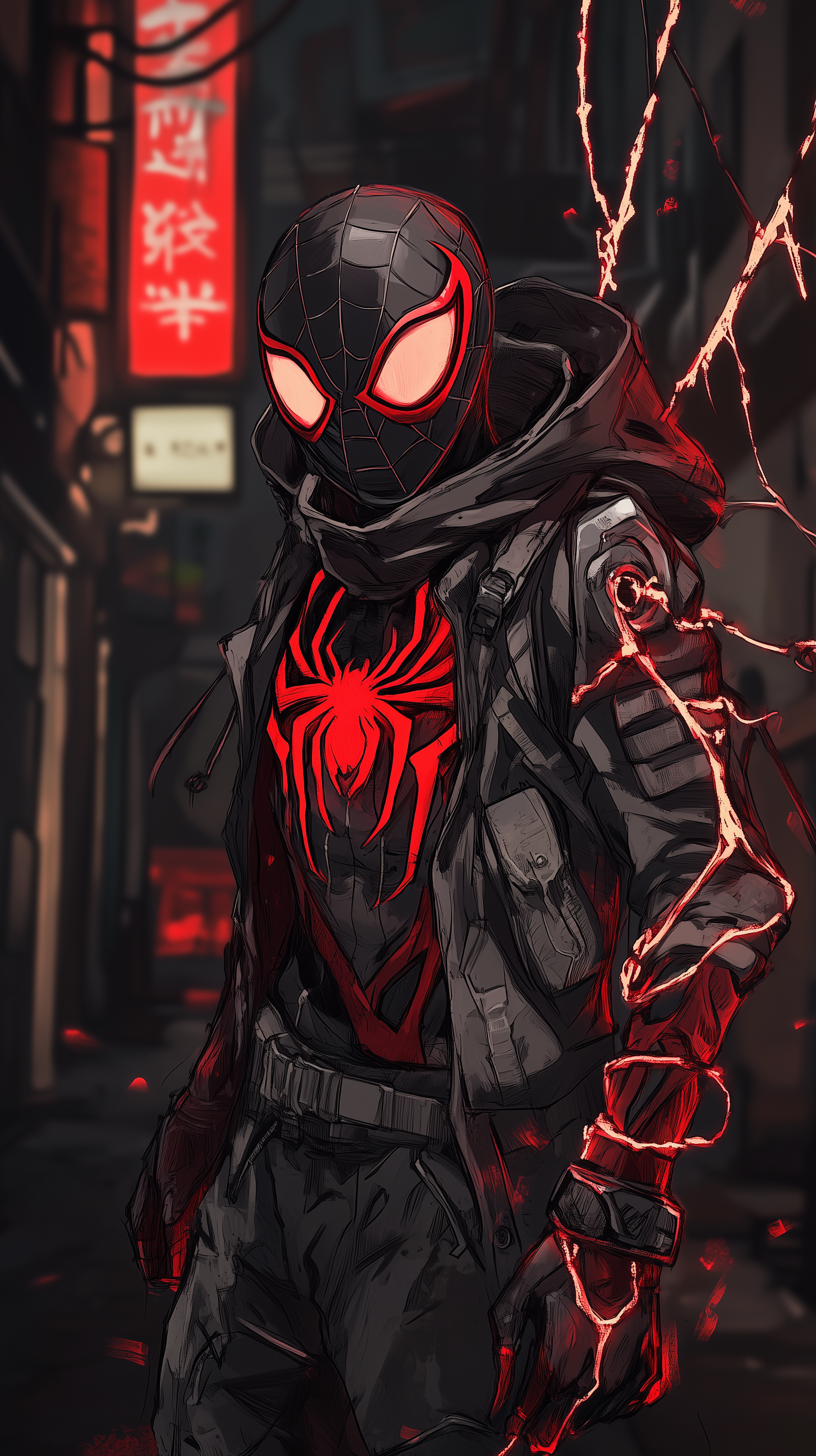 A striking comic-style phone wallpaper featuring a black and red Spider-Man in a cyberpunk setting, exuding a dynamic and edgy atmosphere with glowing elements.