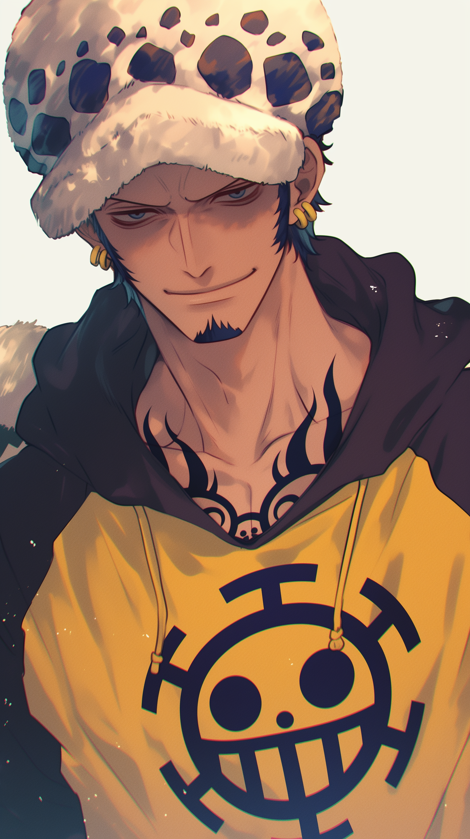 Anime-themed phone wallpaper featuring Trafalgar Law from One Piece, showcasing his signature hat, distinctive tattoos, and a confident expression in a bold yellow hoodie design.