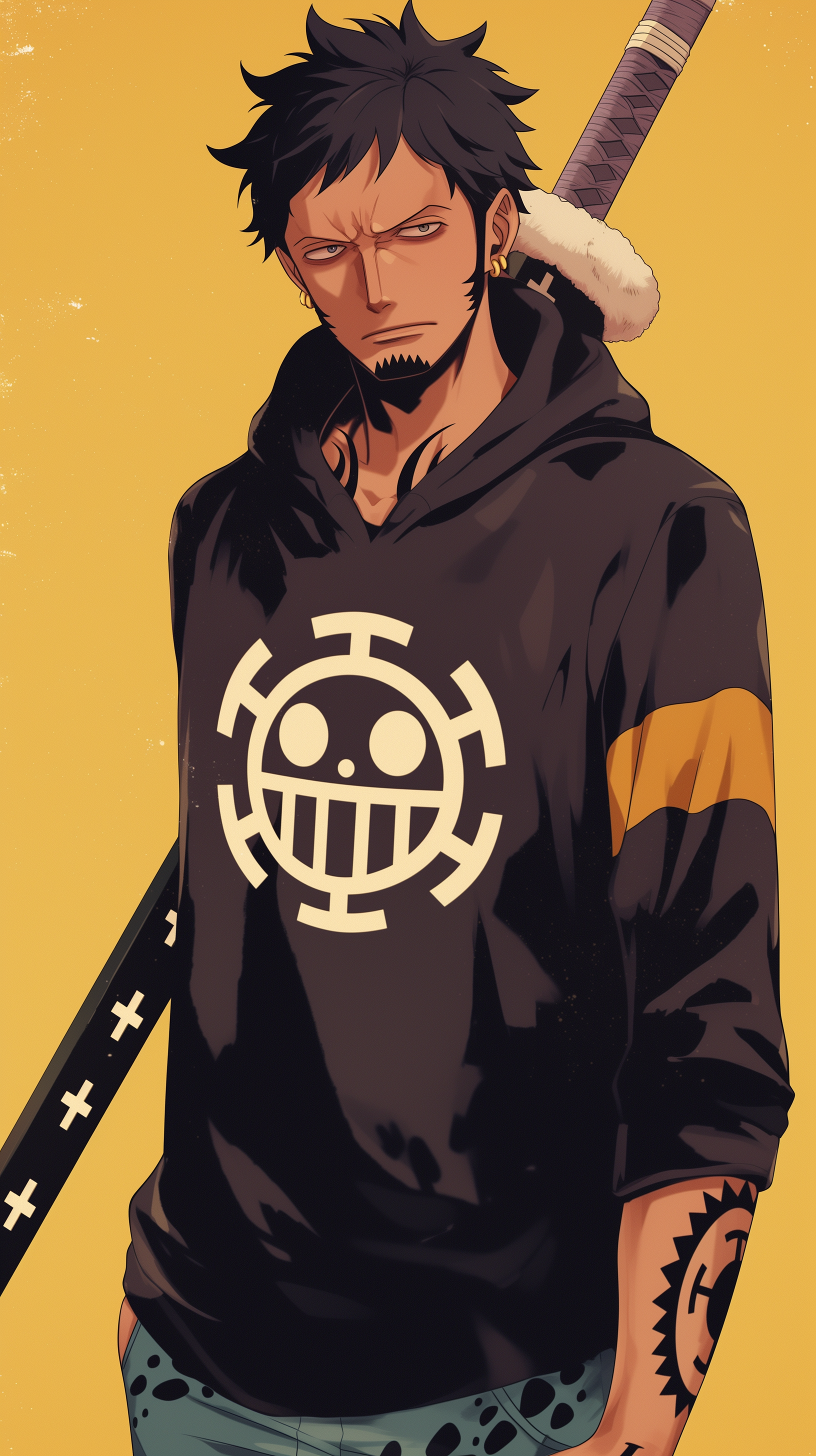 A phone wallpaper featuring Trafalgar Law from One Piece, displayed against a vibrant yellow background. He wears a hoodie with the Jolly Roger symbol and holds a sword.