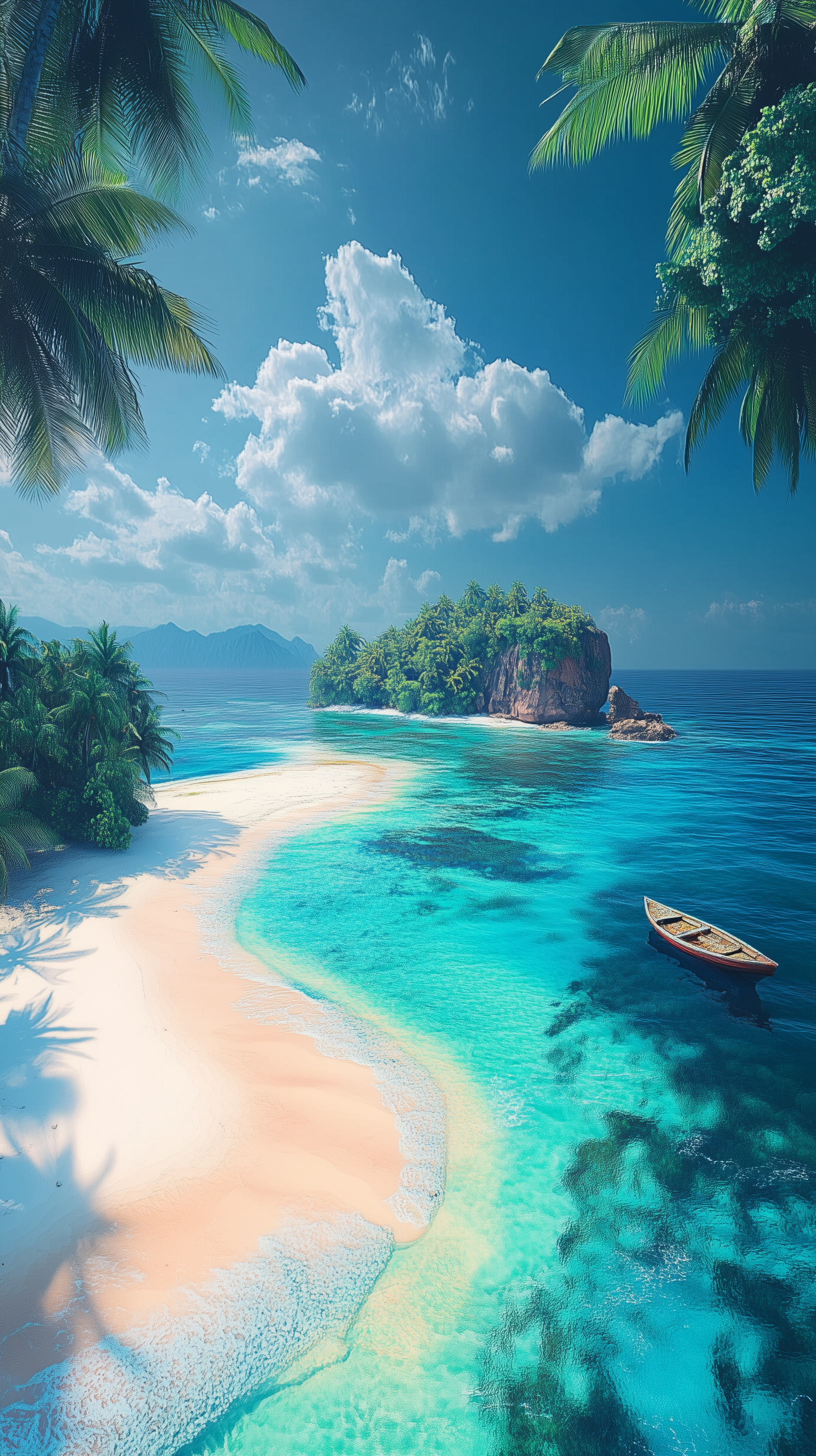 A vibrant summer beach and sea scene with clear turquoise waters, palm trees, and a small wooden boat, designed as a phone wallpaper for iPhones and Android devices.