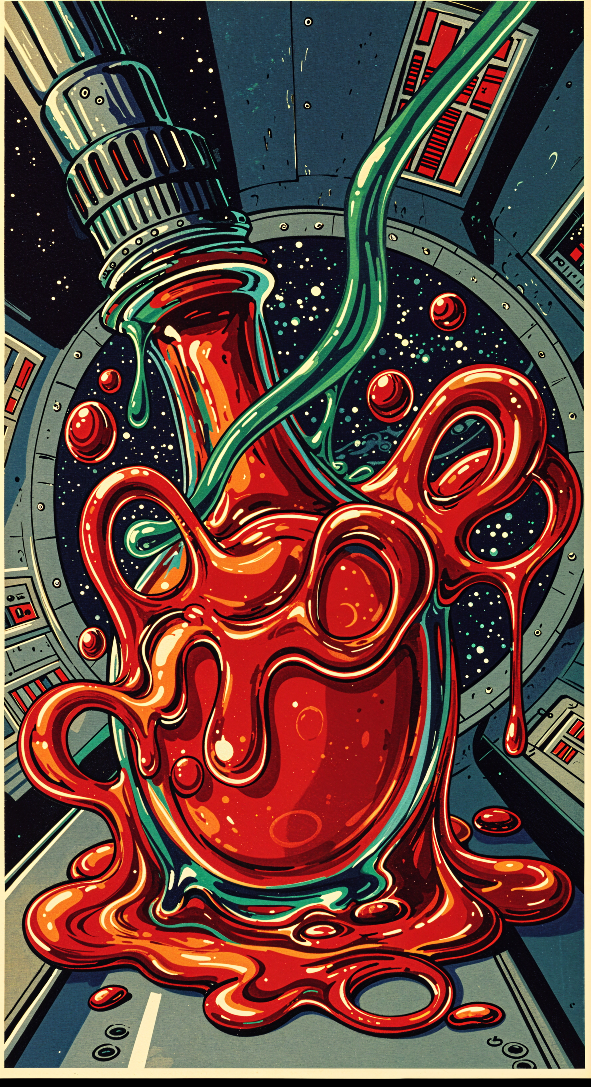 A vibrant illustration of a syrup bottle oozing red liquid, set against a cosmic backdrop, making it a striking phone wallpaper.