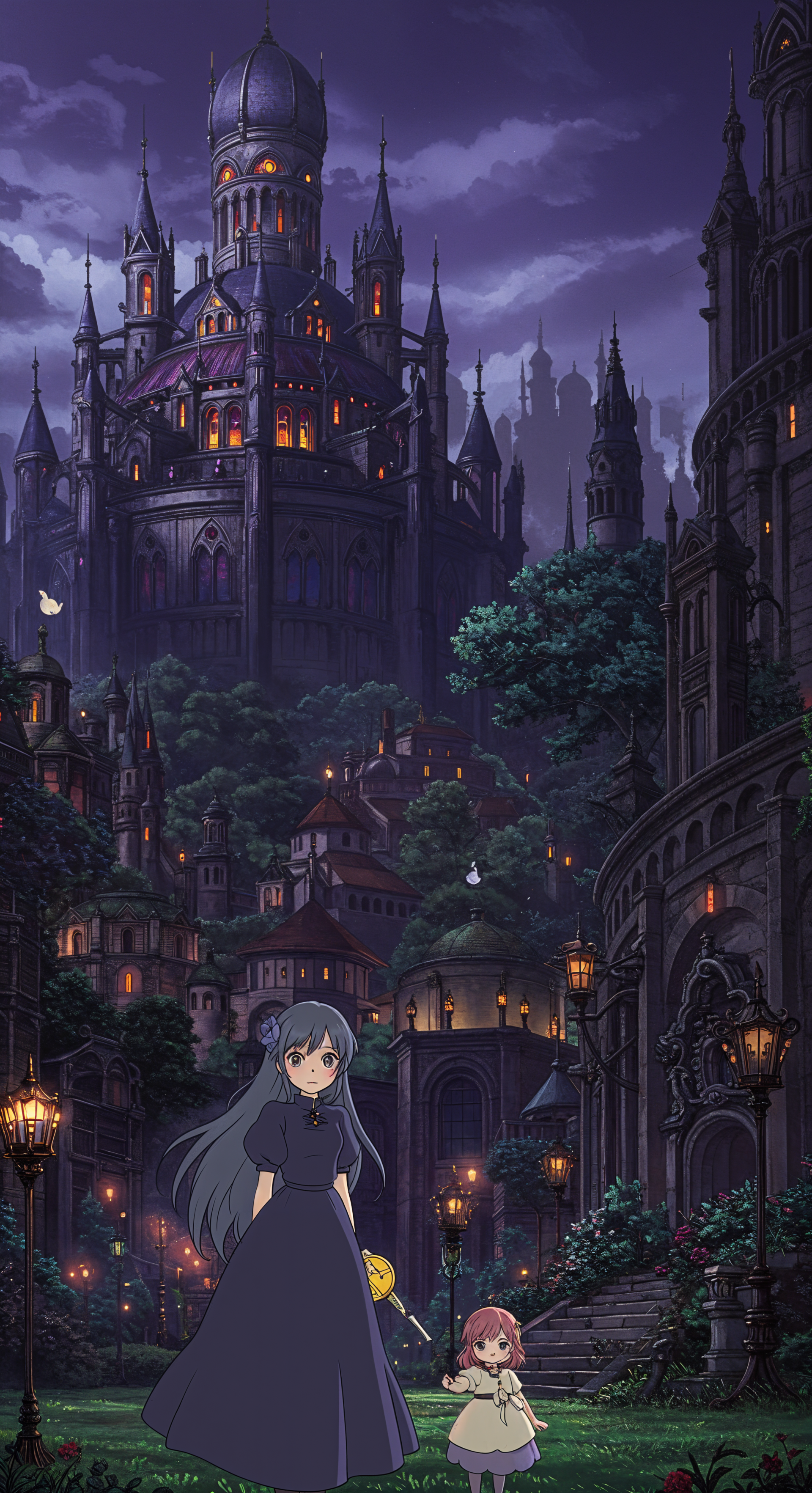 Gothic anime phone wallpaper featuring a fantasy castle illuminated at night, with two anime characters standing in a dark, mystical cityscape under a deep purple sky.