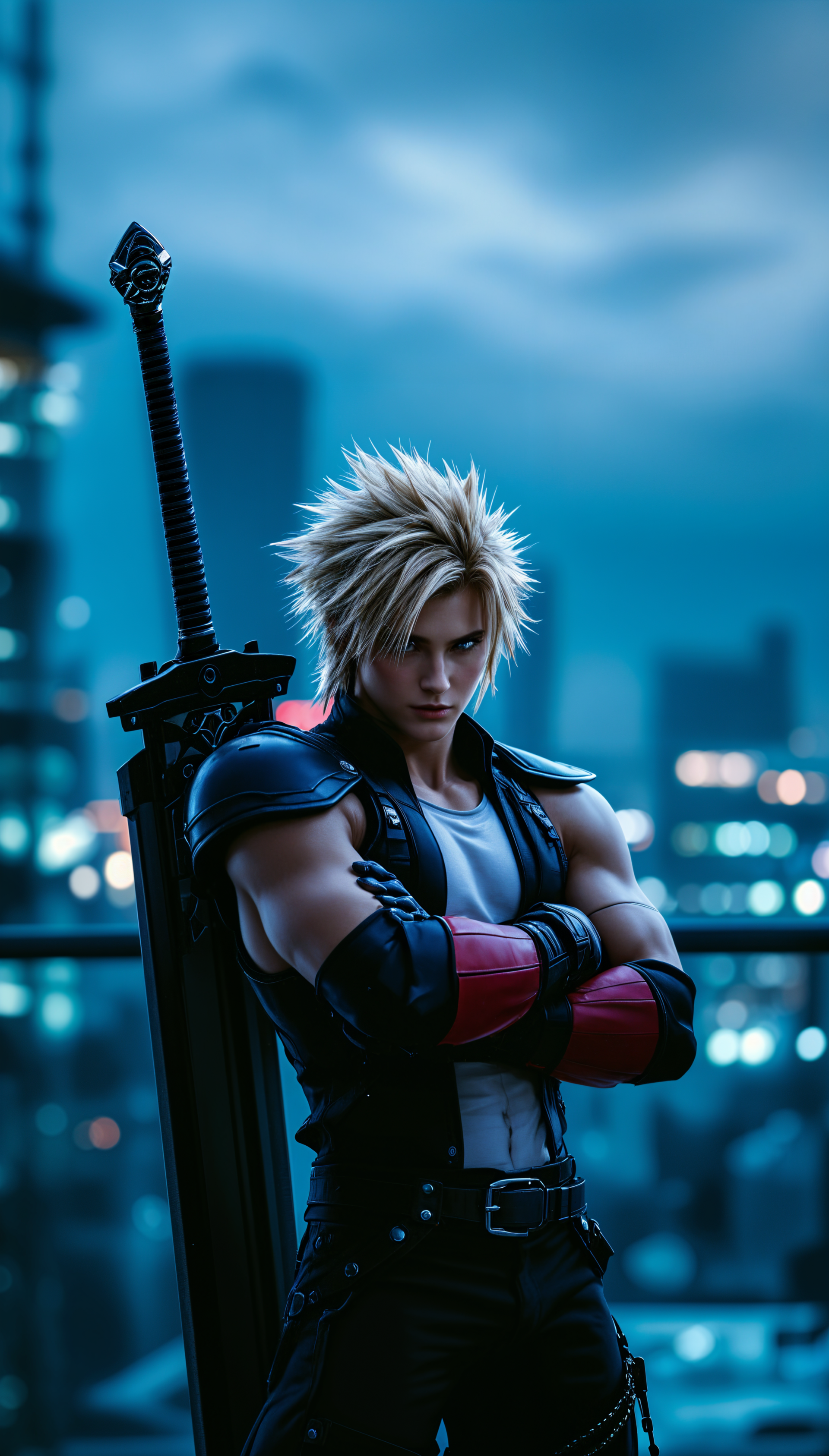 A dramatic phone wallpaper featuring Cloud Strife, a character with spiky blonde hair and a large sword, standing confidently against a city skyline at dusk.