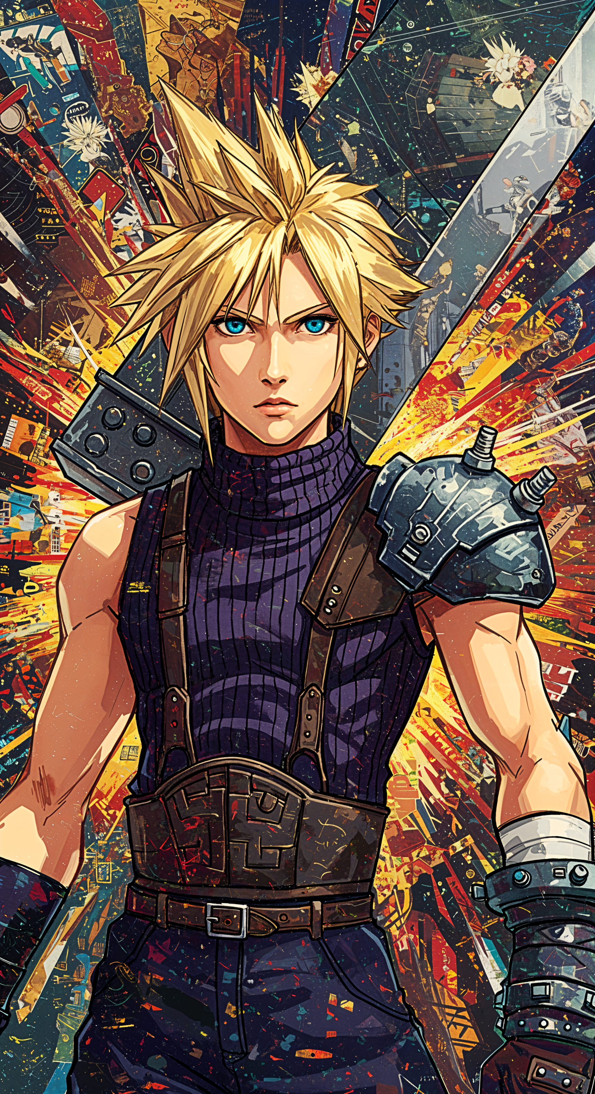 A striking phone wallpaper featuring Cloud Strife, showcasing his iconic spiky blonde hair, intense expression, and bold armor against a vibrant, dynamic background.