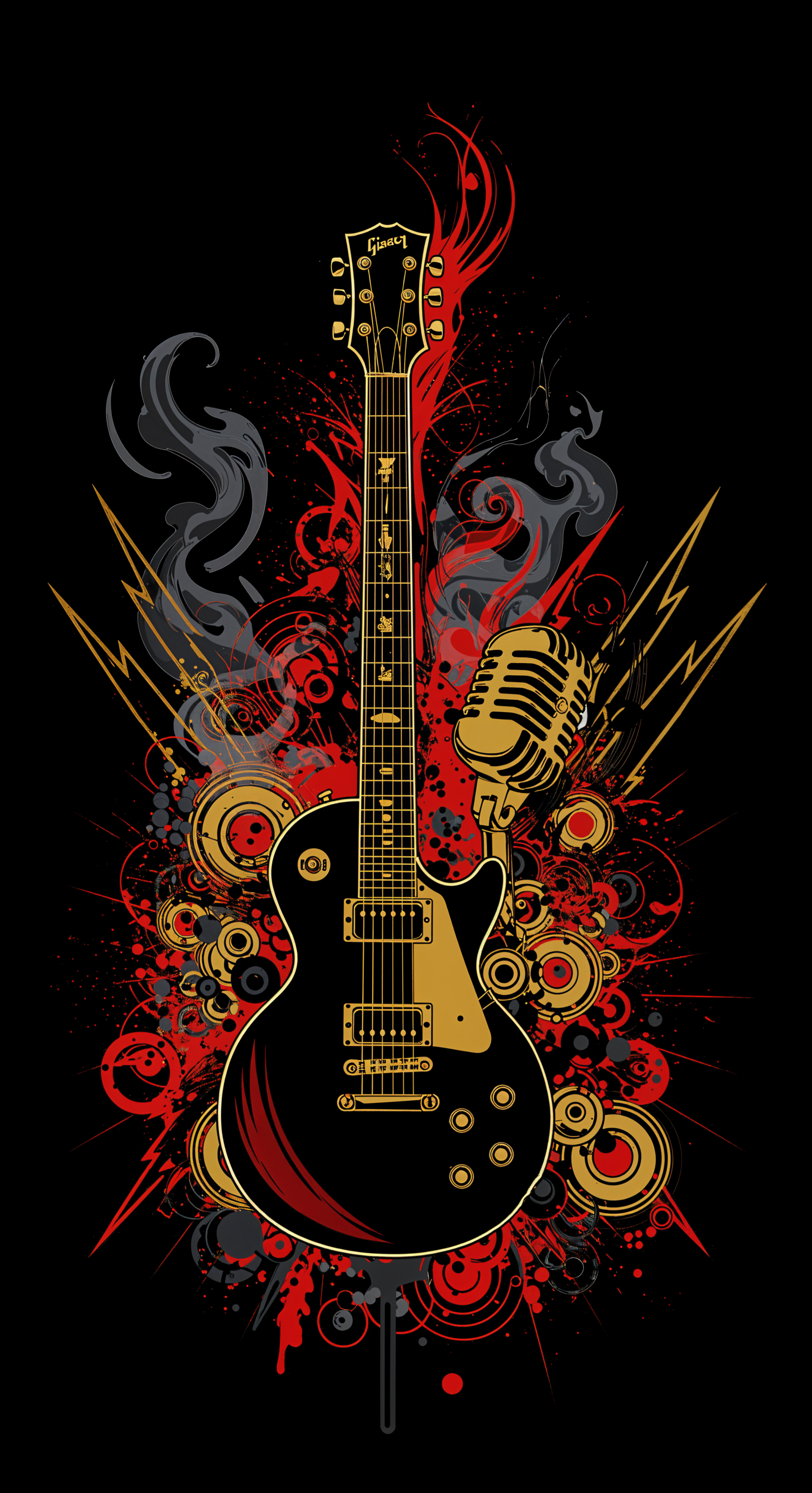 A vibrant Rock & Roll-themed phone wallpaper featuring a black electric guitar and a vintage microphone, enhanced by dynamic swirls, circles, and lightning elements in bold colors.